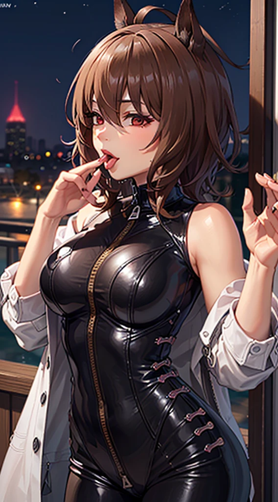  profile,   perfect hand to get close to a mirror, (Big Breasts:1.5), Inner Body,  COWBOY SHOOTING , Night Town, ((Seduction by hand)), (1 hand in front of mouth), ( detailed red eyes ), ( eyes closed :0.5), ( Full Tight Zip Black Bodysuit:1.1),  short brown hair , (:0.7), Bewitching Smile, ((  sticking out the tongue  :1.3)), ( Very Very Long Tongue ), (( open your mouth wide)), ( putting their fingers in their lips:1.2), BJ-FACE-POSE