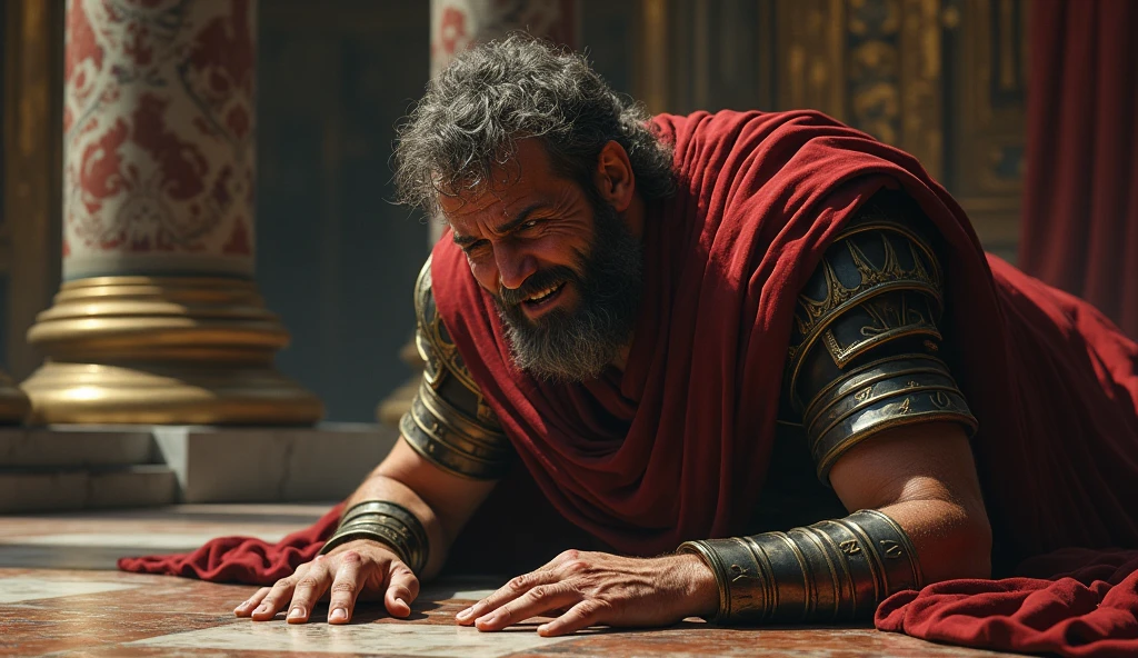 Bearded man in chains laughing at Roman soldiers. dark. darkness room, wet.