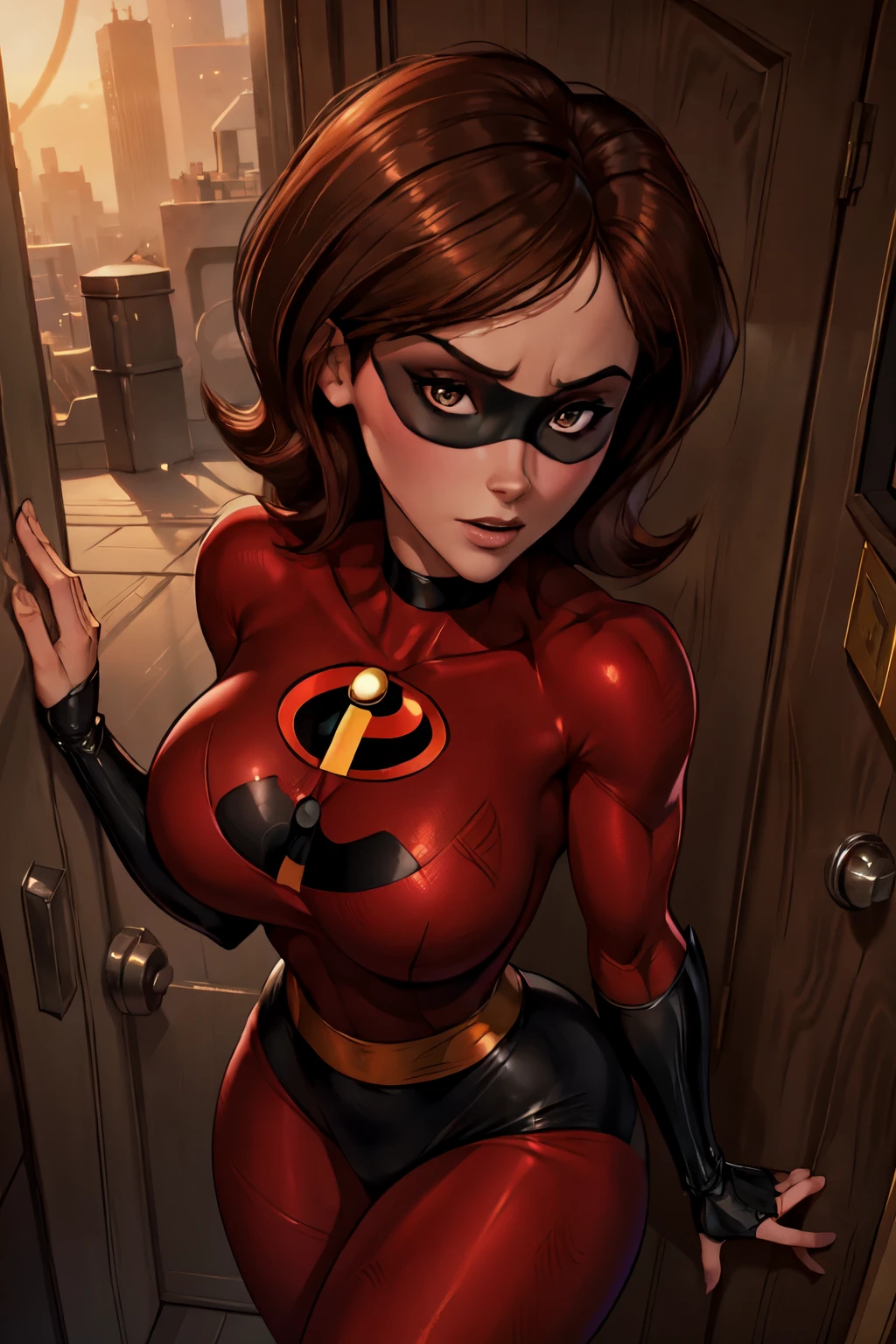 masterpiece, best quality, 4k, detailed, intricate, realistic),hot super-heroine closing your door seductively, apartment, seductive, helenparr,tight superhero costume, red costume, sexy costume, detailed face, detailed body, Intricate, High Detail, Sharp focus, studio lighting, detailed, detailed face, sexy, sexy pose, Helen Parr, normal body, fair skin, green eyes, playful, Kate Beckinsale, domino mask, mask, adult woman, mature woman, perfect eyes, beautiful eyes