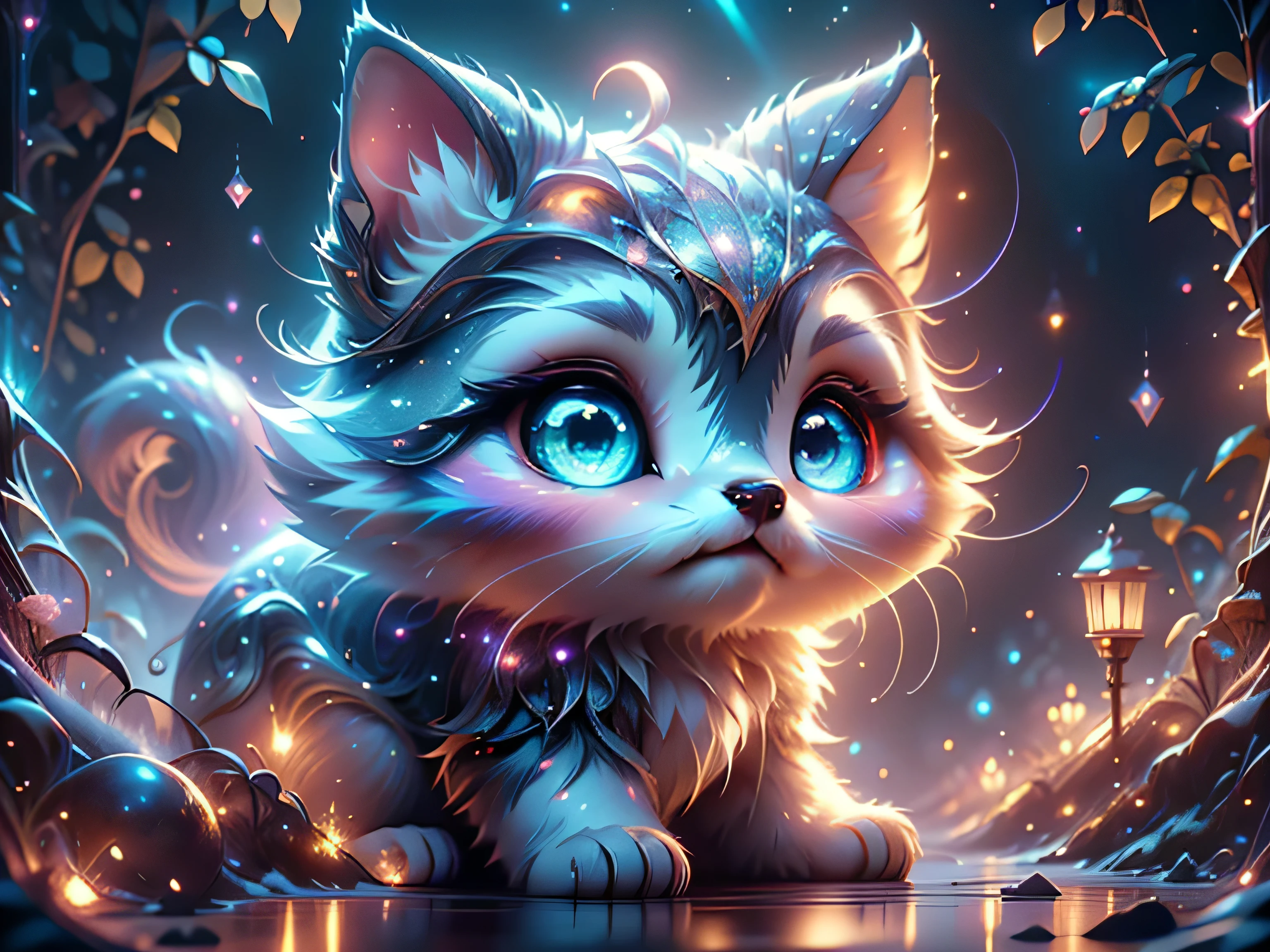 Magical Fantasy Creature, (Best Quality, Masterpiece, Representative Work, Official Art, Professional, Super Detailed, 8k:1.3), (Photorealism:1.2) Super Cute, Big Eyes, Soft, Soft Nose, Fluffy, Two-Toothed Smile, A baby white unearthly creature has big blue eyes with silver sparkle, northern pink-lilac lights light up the night sky, magical moment, hyper-realistic digital artwork, highly detailed, Realistic, Beautiful, Soft Volumetric Light, (Backlight:1.3), (Cinematic:1.2), Intricate Details, (ArtStation:1.3), --auto --s2