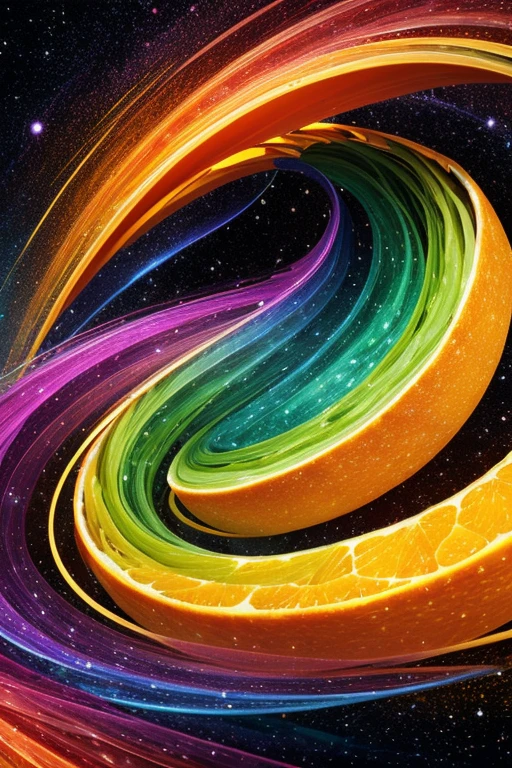 Cosmic culinary: a divine orange, sliced into segments of celestial beauty, each piece illuminating a universe of flavor, where zesty comets and pulpy galaxies swirl in a cosmic dance of vitamin-infused vibrance, crafting an odyssey of nutritional wonder, visual awe, and zestful exploration.