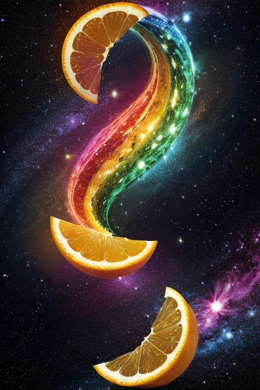 Cosmic culinary: a divine orange, sliced into segments of celestial beauty, each piece illuminating a universe of flavor, where zesty comets and pulpy galaxies swirl in a cosmic dance of vitamin-infused vibrance, crafting an odyssey of nutritional wonder, visual awe, and zestful exploration.