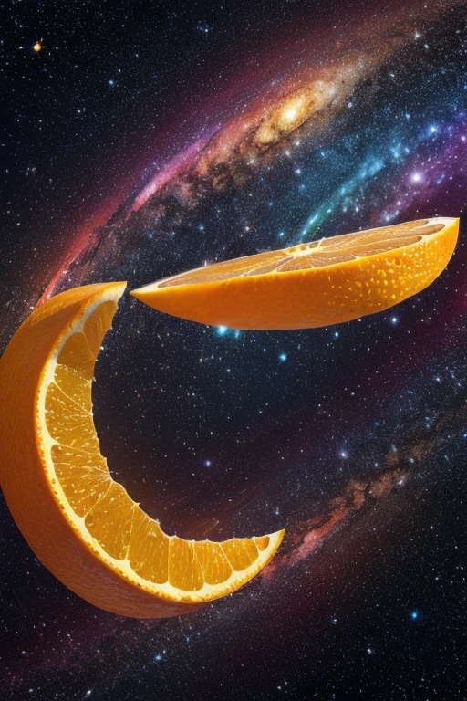 Cosmic culinary: a divine orange, sliced into segments of celestial beauty, each piece illuminating a universe of flavor, where zesty comets and pulpy galaxies swirl in a cosmic dance of vitamin-infused vibrance, crafting an odyssey of nutritional wonder, visual awe, and zestful exploration.