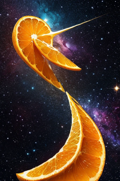 Cosmic culinary: a divine orange, sliced into segments of celestial beauty, each piece illuminating a universe of flavor, where zesty comets and pulpy galaxies swirl in a cosmic dance of vitamin-infused vibrance, crafting an odyssey of nutritional wonder, visual awe, and zestful exploration.