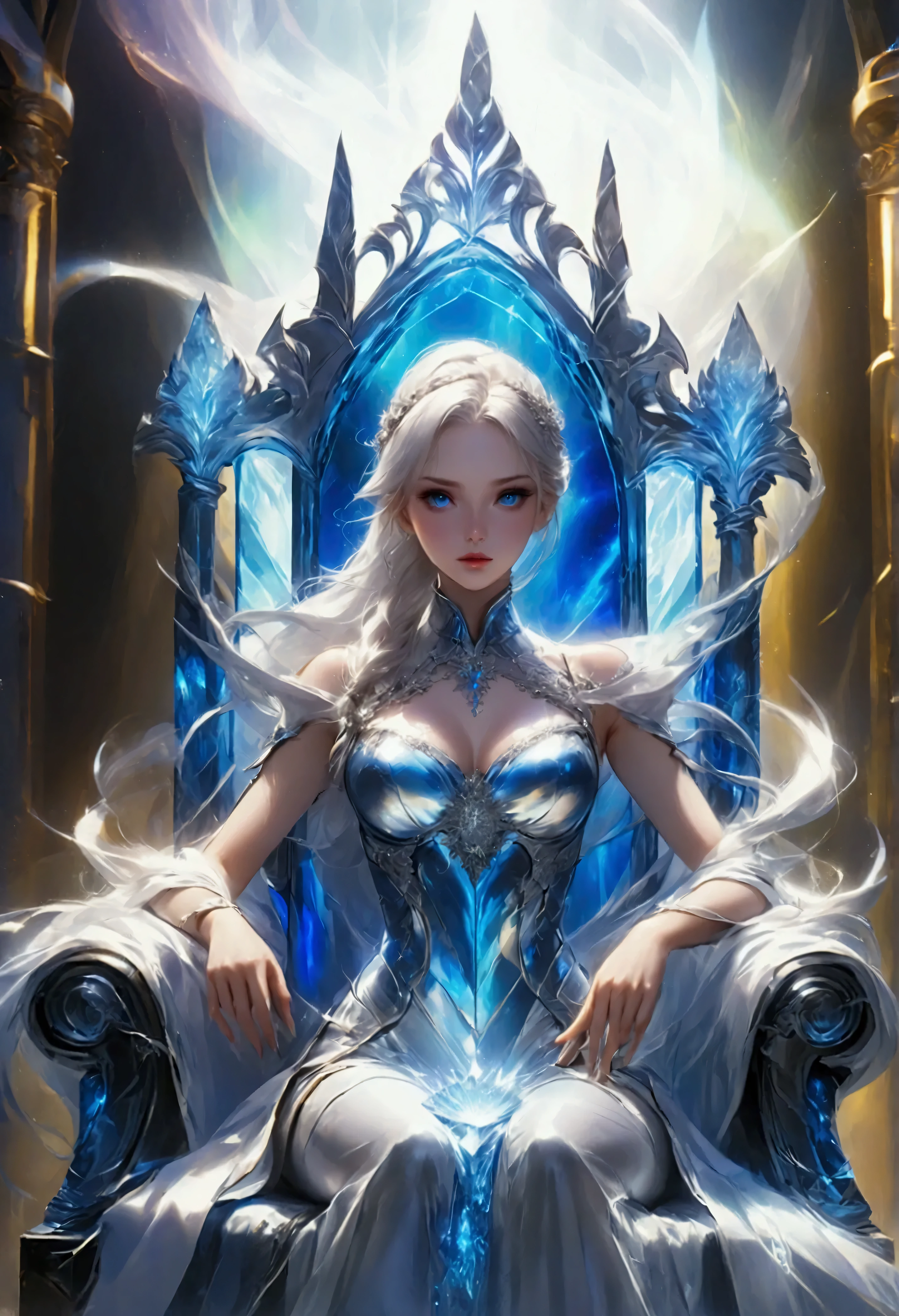 a close up of a woman sitting on a throne with a crystal ball, concept art by Ross Tran, cgsociety contest winner, fantasy art, fantasy art style, beautiful fantasy art, ethereal fantasy, white witch, beautiful sorceress, digital fantasy art ), a beautiful sorceress, fantasy digital art, digital art fantasy art, very beautiful fantasy art,8k
