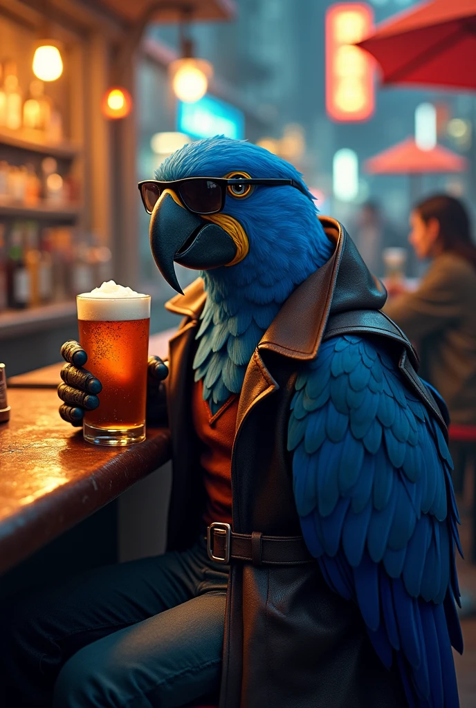 Make a t-shirt print with a blue macaw wearing sunglasses and holding an animated beer with some phrases in the background with a black background