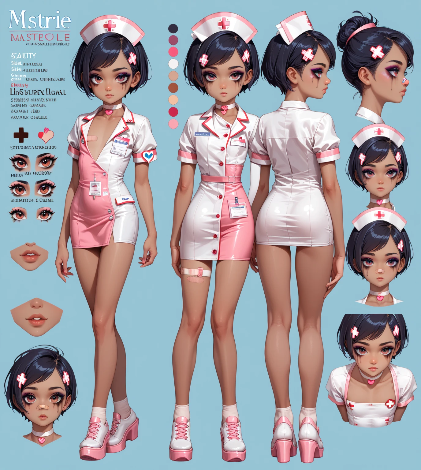 character sheet, fullbody. dark skin ****, short hair, flat chest, slutty clothes, nurse, skinny, smear makeup, expressionless face, detailed clothes, asymetrical clothes, sexy makeup, choker, bandaid on nose, heart hair clip, masterpiece, best quality, uncensored
