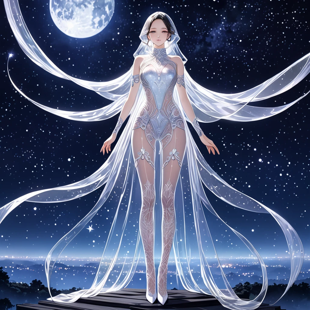 work of art, a beautiful goddess of the void, full body white transparent clothes under empty night stars, disappearing transparent pants, full body standing, tall figure, fine legs, detalhes faciais, detailed body part details, 8 k wallpaper