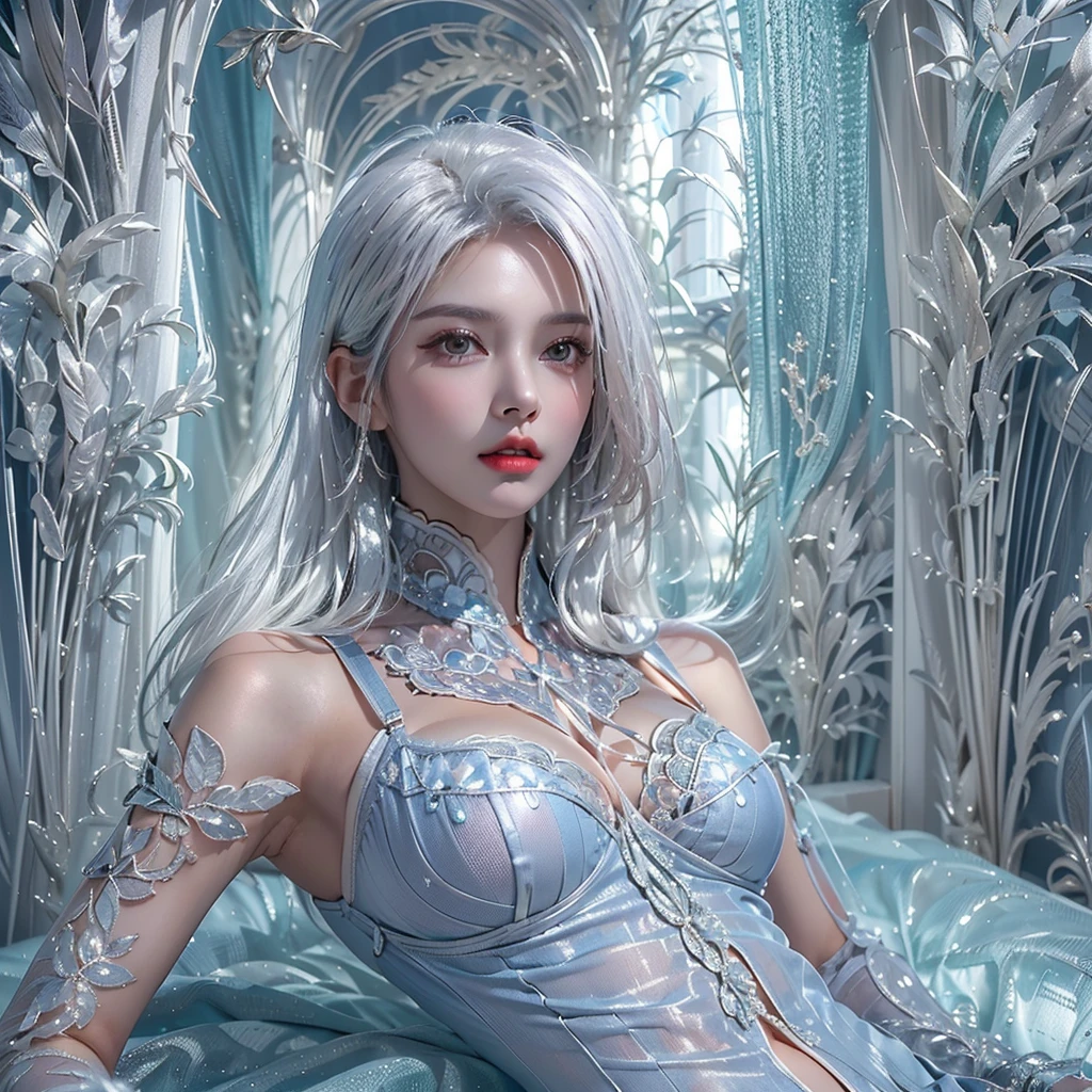 Arafed a picture of a frozen throne for an ice goddess, the goddess is sitting on her icy throne, wearing white and blue royal dress, glamorous dress,  cyan hair, long hair, flowing hair, bold intense eyes, extremely exquisite beautiful queen, perfect body, (anatomically correct: 1.3), ultra feminine, ultra detailed face, dark blue  lips, azure glowing eyes, she sits on a (throne made from ice: 1.3) of regality, and might, throne carved from ice , legendary symmetric design, with (many carvings in the ice: 1.3), dynamic caevings on the handles decorated with (diamonds: 1.1), and (blue gems: 1.1), fantasy ice goddess hall room background, (masterpiece: 1.4) intense details, highly detailed, photorealistic, best quality, highres,16k, (ultra detailed:1.3(, masterpiece, best quality, (extremely detailed), close up, ultra wide shot, photorealistic, RAW, fantasy art, dnd art, fantasy art, realistic art,((best quality)), ((masterpiece)), (detailed: 1.5), ral-ntrgmstn, faize