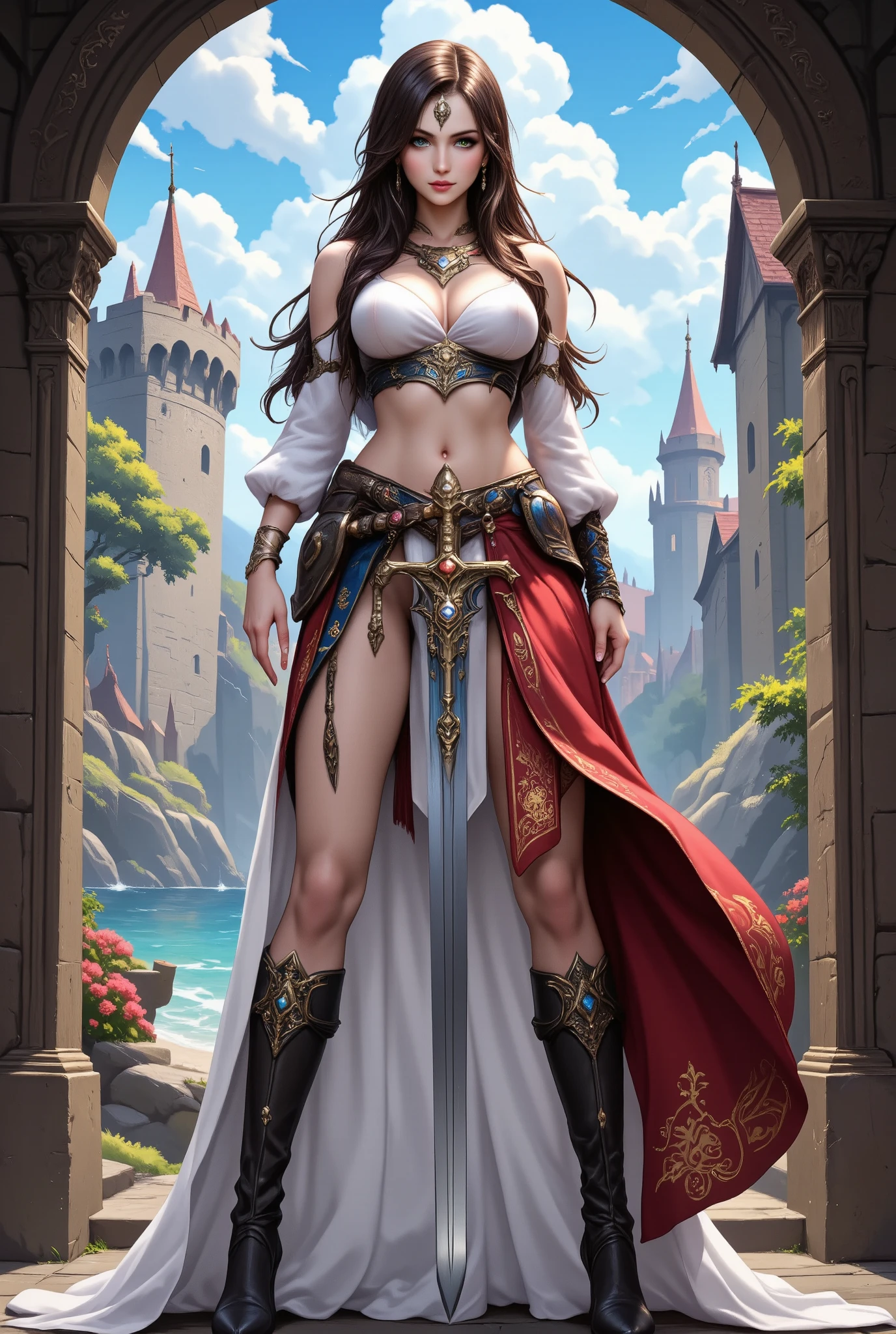 A woman in a medieval European fantasy style, standing full body, wearing a skirt, holding a sword, in the Japanese anime style