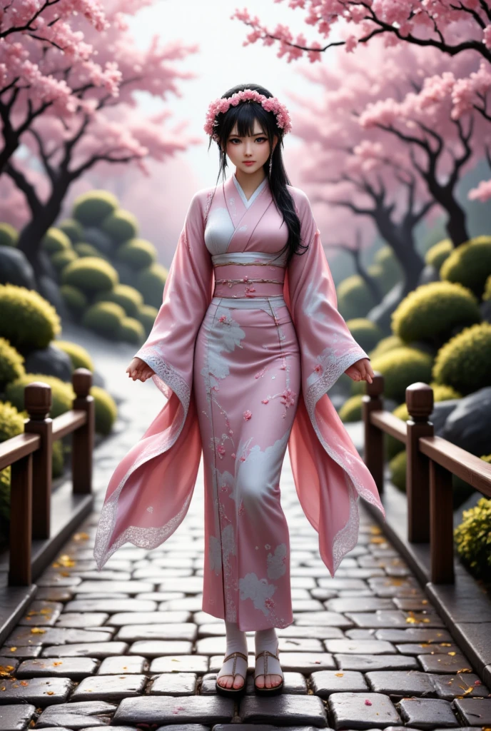 a very detailed CG unity 8k wallpaper, realistic, hands, wearing kimono clothes, wooden bridge, sakura pattern, flower wreath, lace-trimmed kimono, stone brick road, wet road, geta sandals, two-toe socks, masterpiece, (best quality,4k,8k,highres,masterpiece:1.2),ultra-detailed,(realistic,photorealistic,photo-realistic:1.37),HDR,UHD,studio lighting,ultra-fine painting,sharp focus,physically-based rendering,extreme detail description,professional,vivid colors,bokeh,landscape,photography