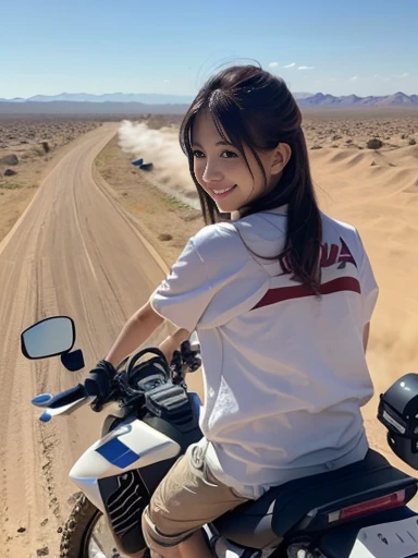 Japanese female, a lot of details, (underweight), 30 years old, detailed black hair, beautiful detailed hair, super fucking beautiful, desert, (riding motorcycle:1.2), (yamaha off road motorcycle),running at full speed, (white t-shirt), (denim shorts), in the desert, with a sun, long shot, dynamic angle,motion blur:1.6