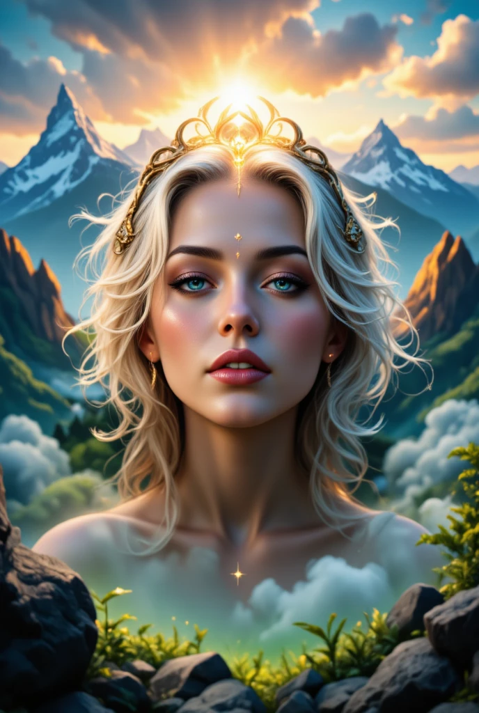 a woman meditating in a breathtaking landscape, extremely detailed, beautiful detailed eyes, beautiful detailed lips, extremely detailed face, longeyelashes, serene expression, levitating, glowing aura, volumetric lighting, dramatic lighting, vibrant colors, lush foliage, rolling hills, snow-capped mountains, glowing clouds, cinematic composition, surreal, dreamlike, digital art, 4k, hyper-realistic, photorealistic, masterpiece, award-winning