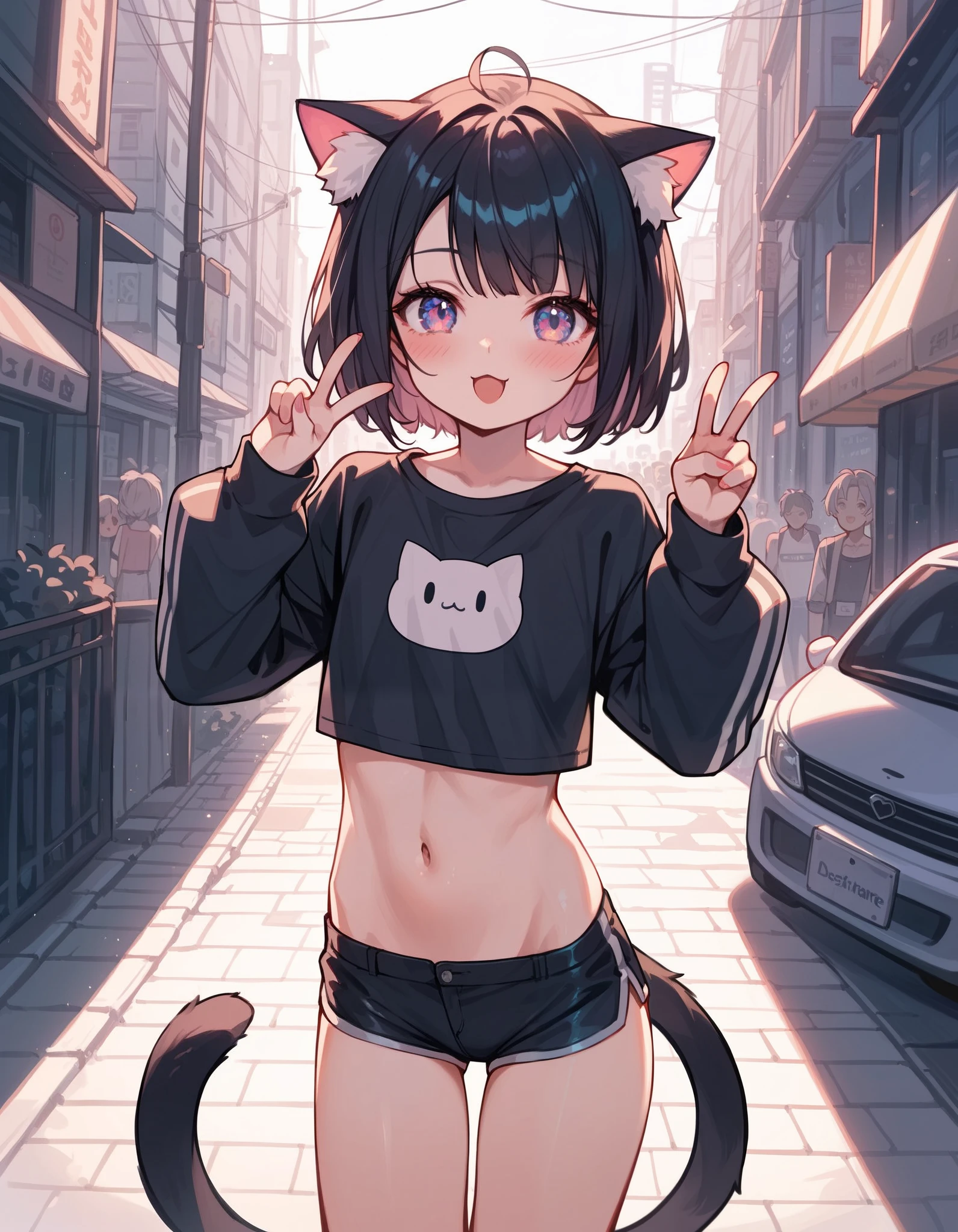 A brown-haired woman wearing a tank top and leggings is eating a tlayuda at a taco stand. With side slits Big Ass Spread your legs Open your arms Cat ear tail