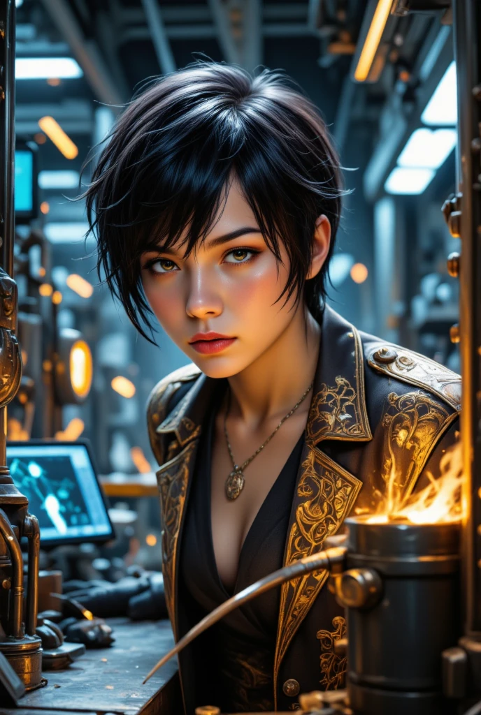 detailed close-up portrait of a young person with messy short black hair, welder wearing ornate clothing, highly detailed industrial workbench in factory, advanced tech sense screen, best quality, 8k, highres, masterpiece:1.4, ultra-detailed, realistic, photo-realistic:1.37, vibrant colors, dramatic lighting