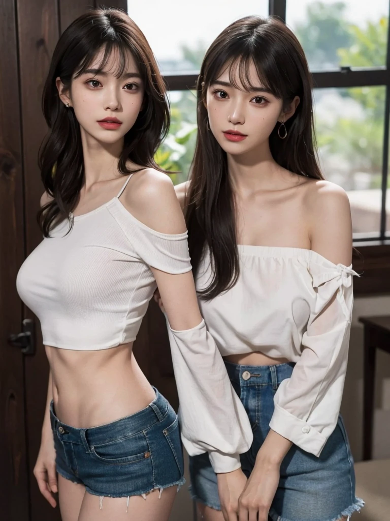 absurdres, RAW photo, extremely delicate and beautiful, masterpiece, Best Quality, ultra high resolution, 32k, hyperrealistic, ultra-detailed, perfect figure, in her 20s, delicate facial features, tearful mole, earring, big breasts, ((full body shot)), medium hair, black hair, sleeveless collared shirt, shorts,