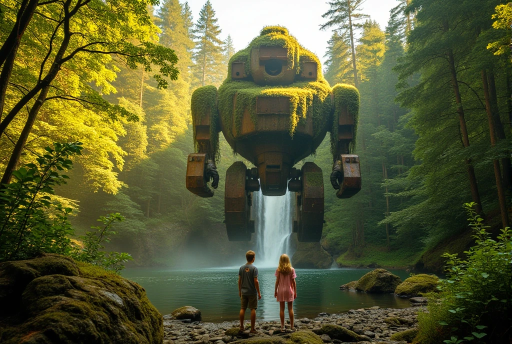 ((masterpiece)) ((photography)) ((Highest quality)) Two young ren discovering a huge hzd ofcan abandoned giant robot in a lush, overgrown forest. The robot is rusty, covered in moss and vines, with parts of its face and hand visible, resting near a serene waterfall. The boy wears dirty shorts and a torn shirt, while the girl wears a slightly tattered pink dress. The scene captures a sense of wonder and mystery, with golden sunlight filtering through the dense canopy and reflecting off the calm water surrounding the ren. Hyper-realistic, cinematic style with intricate details and vibrant natural colors.