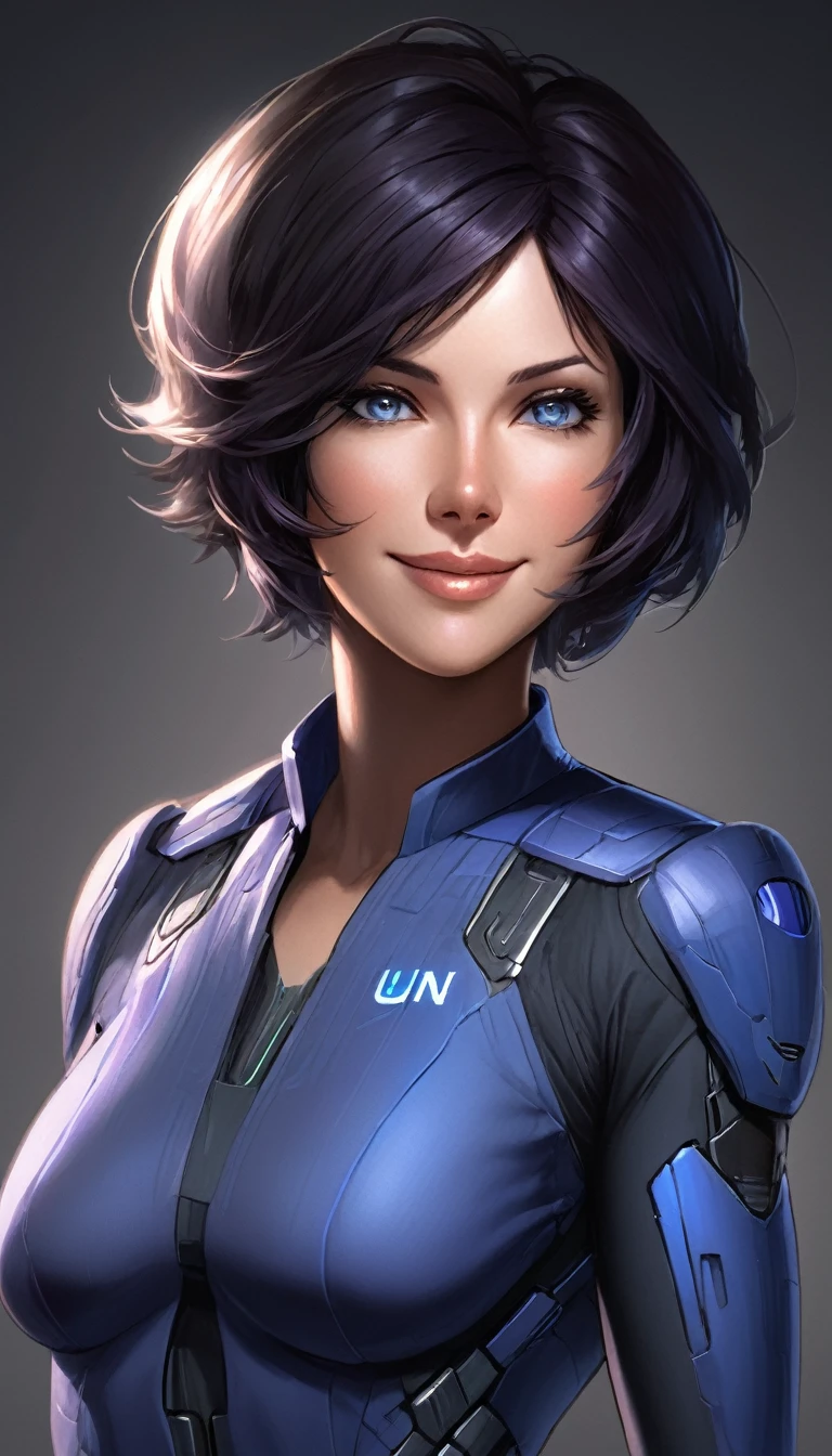 (high quality,ultra-detailed,realistic:1.37),mature woman, thewpn, v-neck military uniform, head off-frame, looking at viewer, shiny, sci-fi, black background, seductive sci-fi smile, smug, head tilt, arm behind head, short hairm, cortana
