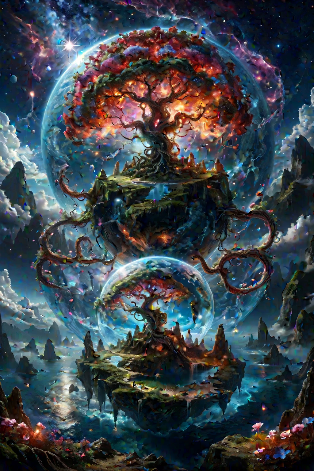 A surreal, fantastical scene featuring a bizarre plant that has grown into the shape of the Earth. The plant's tendrils wrap around the globe, with vibrant leaves and flowers blooming from its surface. The Earth is depicted with exaggerated, glowing colors, and the continents are interwoven with the plant's roots and vines. The background features a dreamy, otherworldly landscape with floating islands and a star-filled sky. The atmosphere is mystical and enchanting, blending the natural beauty of the plant with the surreal image of the Earth. Fantasy, surreal, high-definition, magical, vibrant, detailed, enchanting, mystical, imaginative, otherworldly, glowing, intricate, dynamic. transparent earth, glowing earth,
ral-mtclniscp,
extremely detailed, 
