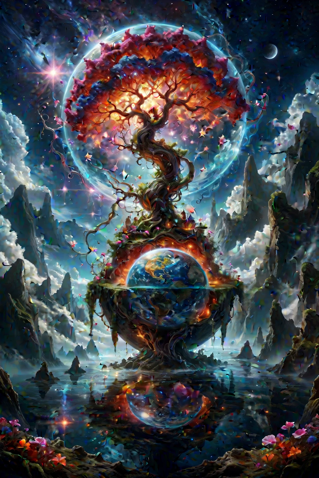 A surreal, fantastical scene featuring a bizarre plant that has grown into the shape of the Earth. The plant's tendrils wrap around the globe, with vibrant leaves and flowers blooming from its surface. The Earth is depicted with exaggerated, glowing colors, and the continents are interwoven with the plant's roots and vines. The background features a dreamy, otherworldly landscape with floating islands and a star-filled sky. The atmosphere is mystical and enchanting, blending the natural beauty of the plant with the surreal image of the Earth. Fantasy, surreal, high-definition, magical, vibrant, detailed, enchanting, mystical, imaginative, otherworldly, glowing, intricate, dynamic. transparent earth, glowing earth,
ral-mtclniscp,
extremely detailed, 
