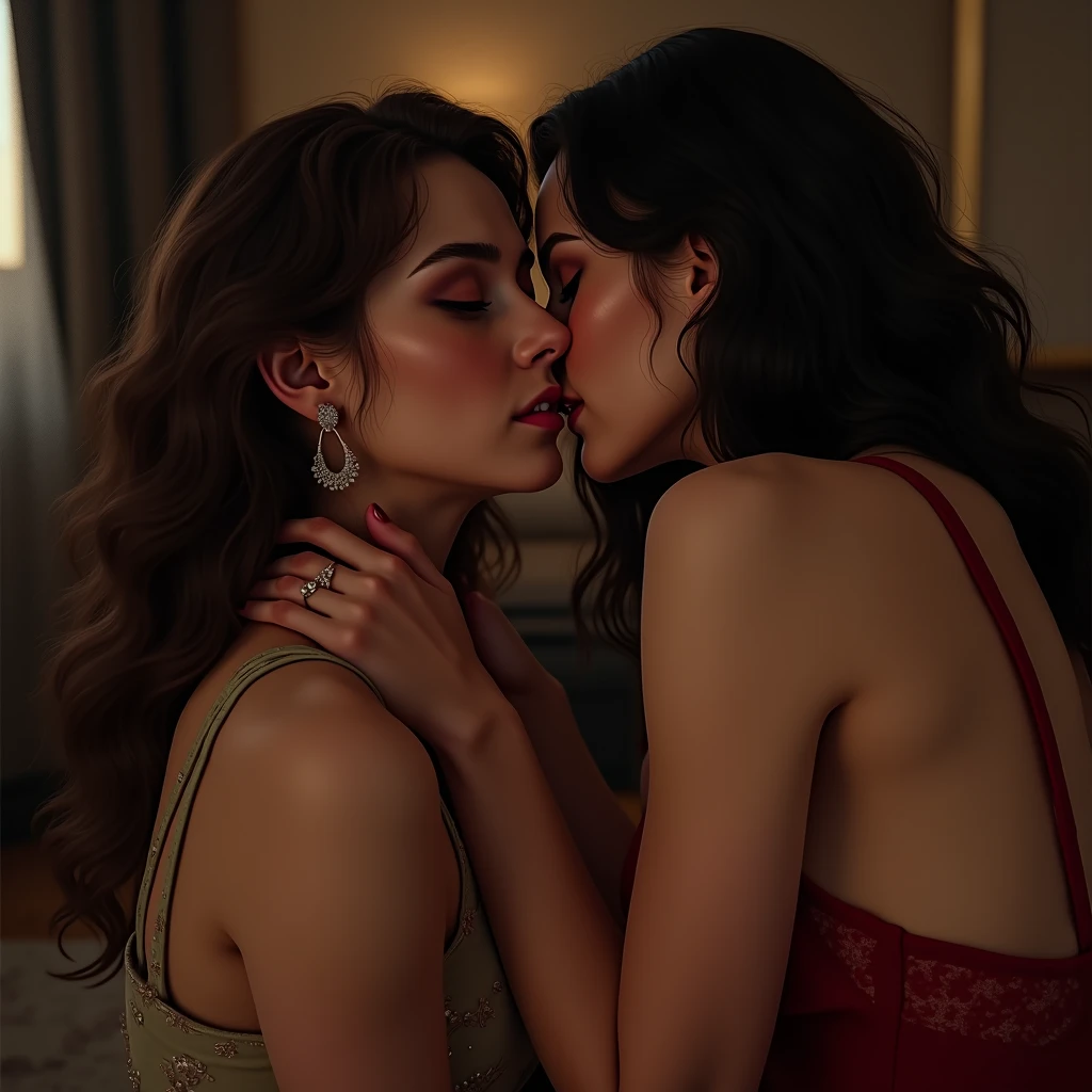 Five extremely beautiful Tamil girls, 20 year old, inside theatre, playful bold sassy lesbian group (((erotic, neck smooching, hip groping, cheek kissing))) poses for adults only magazine, nude, round deep navel, HDR, hyper realistic, intricate detailing, yotta-pixel image, yocto-pixel detailing