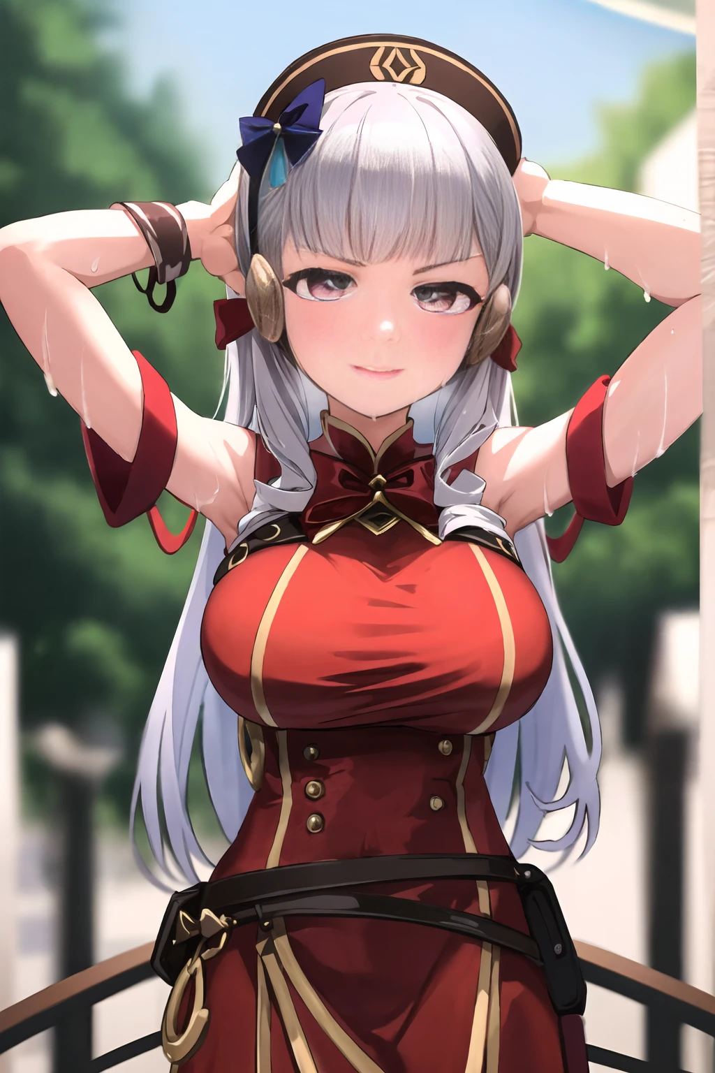 (( best quality)),(( high definition)),masterpiece, absurd, detailed face , Facial beauty,( Detail Eyes, Deep Eyes), 1 girl ,(( dynamic pose )),  Gold Ship, Gray Hair, Alone, bow,  Big Breasts ,  COWBOY SHOOTING ,  Chinatown , Outdoor, Bewitching Smile,  putting their fingers in their lips,  wearing a red Chinese dress,   Place Hands Behind Their Head  , Under the arms, Under the arms visible, sweaty Under the arms