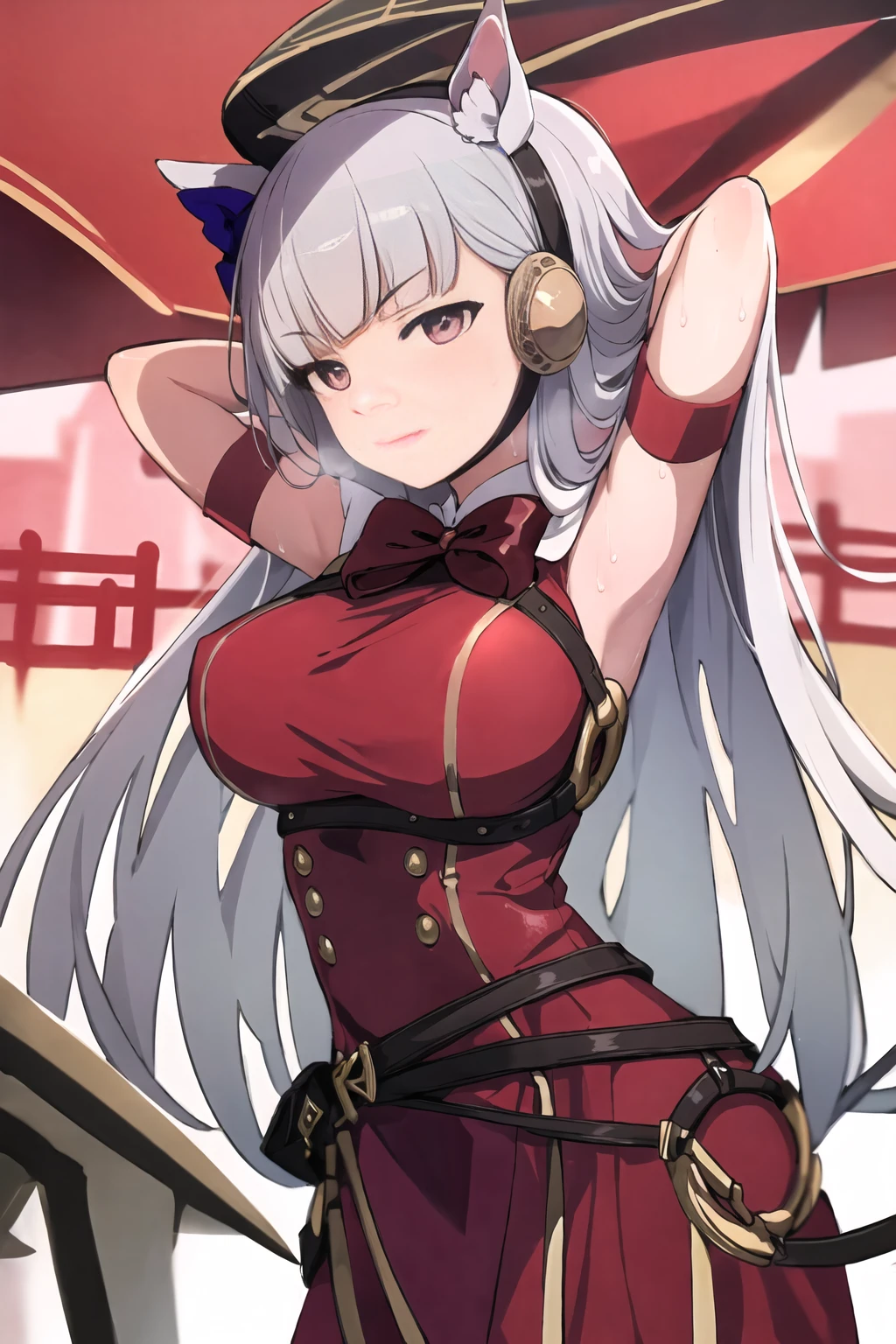 (( best quality)),(( high definition)),masterpiece, absurd, detailed face , Facial beauty,( Detail Eyes, Deep Eyes), 1 girl ,(( dynamic pose )),  Gold Ship, Gray Hair, Alone, bow,  Big Breasts ,  COWBOY SHOOTING ,  Chinatown , Outdoor, Bewitching Smile,  putting their fingers in their lips,  wearing a red Chinese dress,   Place Hands Behind Their Head  , Under the arms, Under the arms visible, sweaty Under the arms