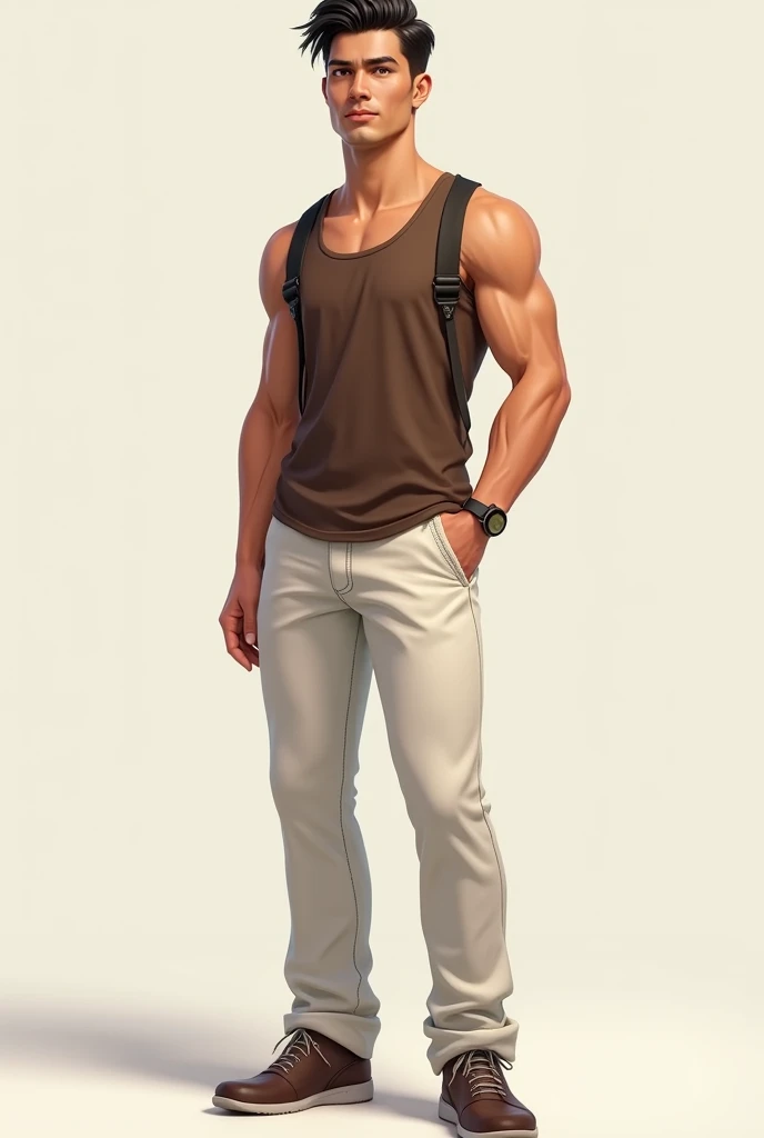 A 28 year old boy  in  tank top under vest and were black and red  trunk underwear 