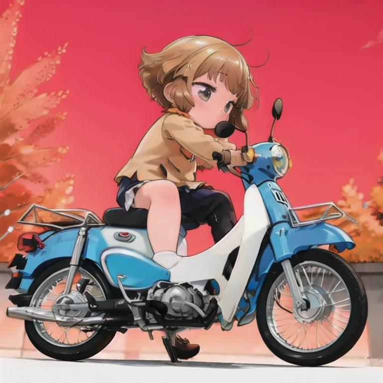 (masterpiece,  High Quality , 最 High Quality :1.2)，16k、reality，Alone， cute young girl ， he sits with legs open 。Green,  modified old Honda Super Cub.， down straight muffler ， middle school girl，uniform，feet，ステップにfeet， sneakers:1.3，Fluttering skirt，Riverside at dusk，whirlwind，Panchi et al.....， watercolor style ， stand removal :1.3，From the back，