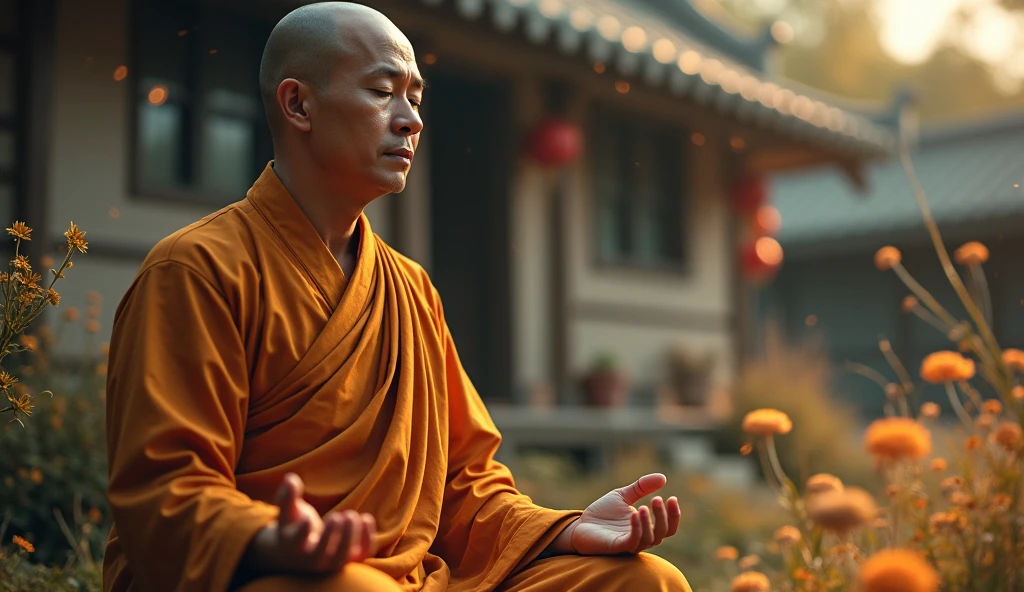 buddhist monk meditating, looking directly at the camera, not at the center, clear facial features, bright colors, particles of light, with bright light, Mushhiv, wallpaper art, UHD wallpapers, vivid atmosphere, near a house ancient village