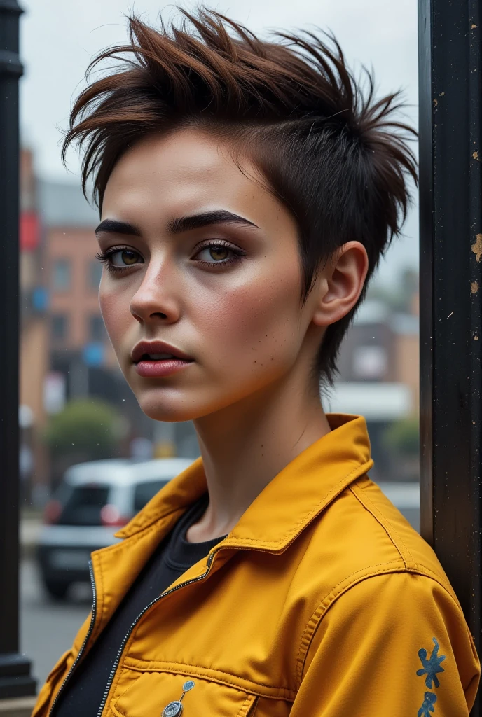 close up portrait of a 20 year old girlfriend, 1 male, solo, realistic, shirt, jacket, cyberpunk, spiked hair, brown hair, yellow jacket, background urban ruins, (highly detailed skin:1.2), 8K ultra HD, digital DSLR, soft lighting, high quality, film grain, Fujifilm XT3, extremely detailed background