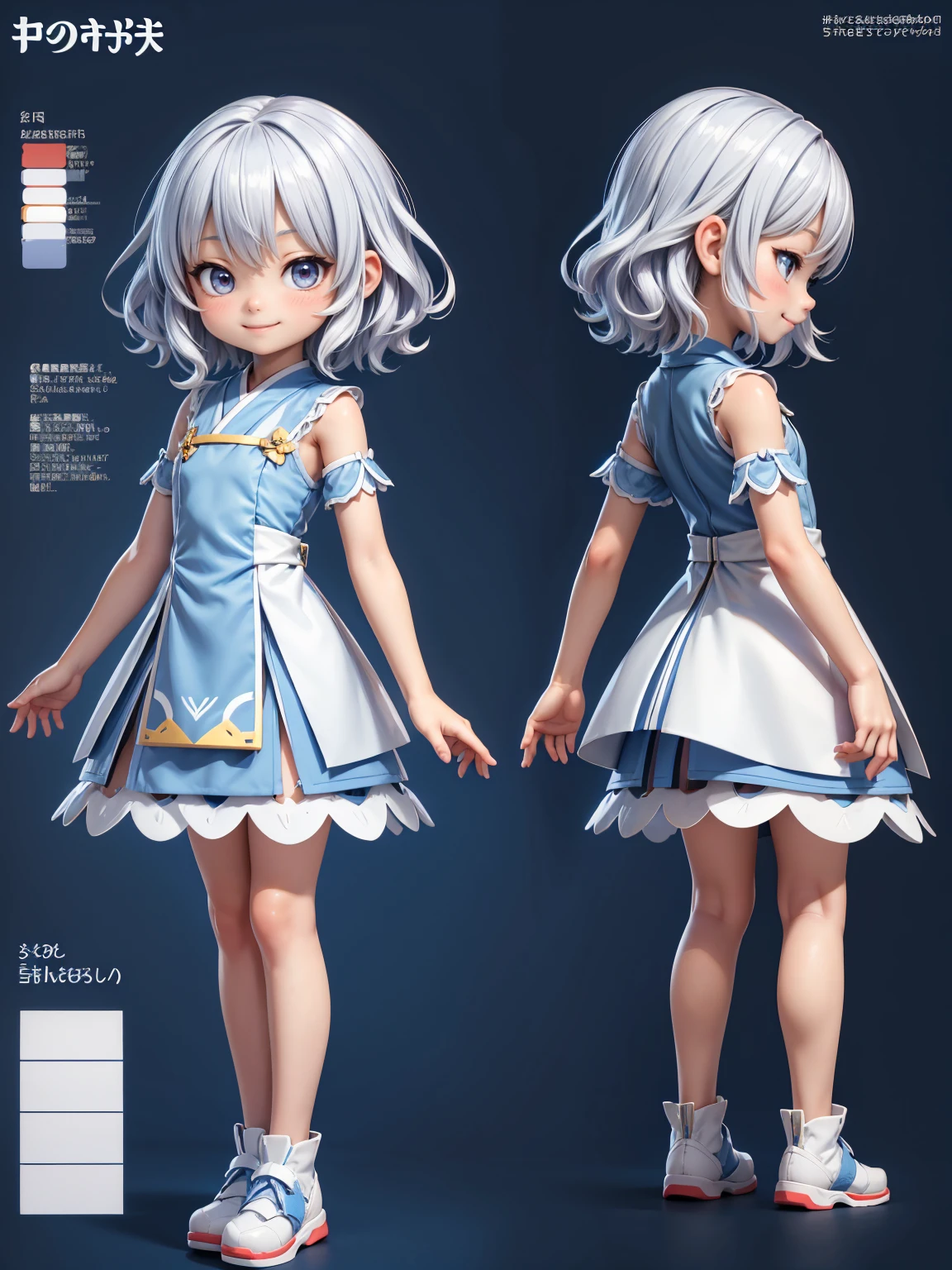 cute girl in a short gaming dress , short hairs, , blue dress, smiling face, short dress full straight standing pose, 14yo student, Character Sheet, Full body, modern girl, games girl, Simple white background, character reference sheet, Concept art, design sheet, HD, full body, standing