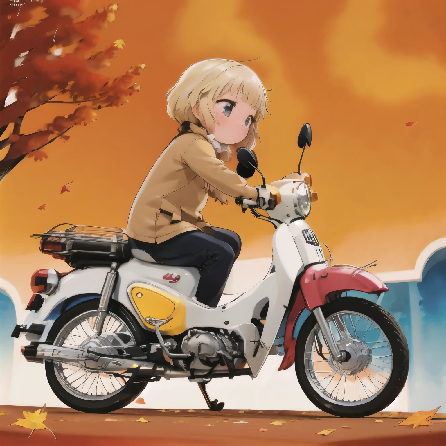 (masterpiece,  High Quality , 最 High Quality :1.2)，16k、reality，Alone，cute young girl ， he sits with legs open 。Green remodeled old Honda Super Cub， down straight muffler ，Junior high school girl，uniform，feet，ステップにfeet， sneakers:1.3，Fluttering skirt，Kawabe at dusk in autumn， fall leaves for vaginal discharge，whirlwind，Panchi et al.....， watercolor style ， stand removal :1.3，From the back，