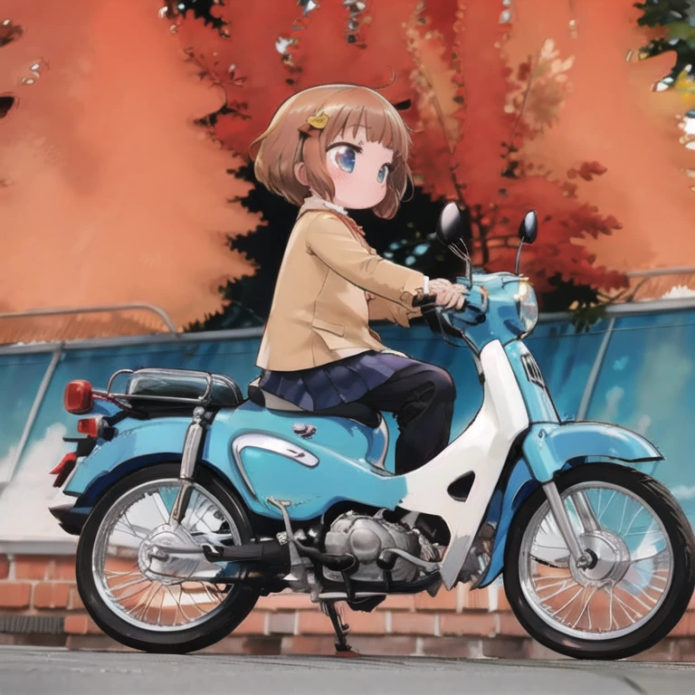 (masterpiece,  High Quality , 最 High Quality :1.2)，16k、reality，Alone，cute young girl ， he sits with legs open 。Green remodeled old Honda Super Cub， down straight muffler ，Junior high school girl，uniform，feet，ステップにfeet， sneakers:1.3，Fluttering skirt，Kawabe at dusk in autumn， fall leaves for vaginal discharge，whirlwind，Panchi et al.....， watercolor style ， stand removal :1.3，From the back，