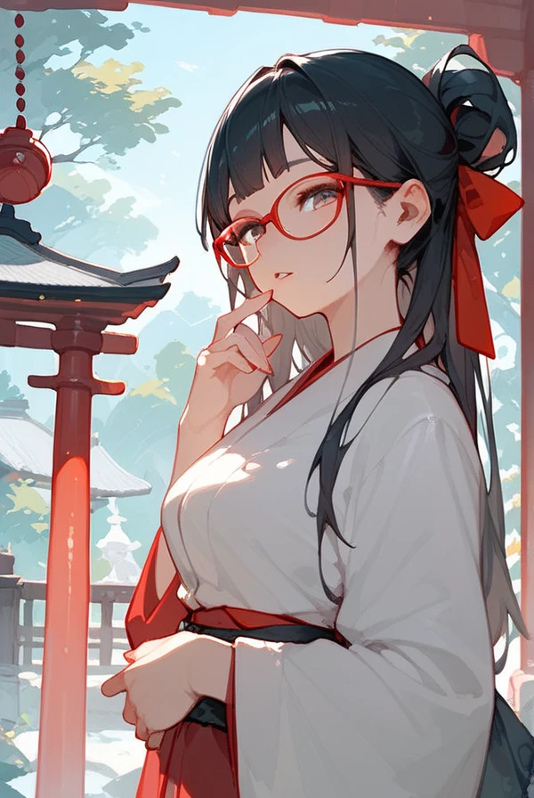 Black hair, long hair, glasses, red kimono, Japanese shrine, shrine visit