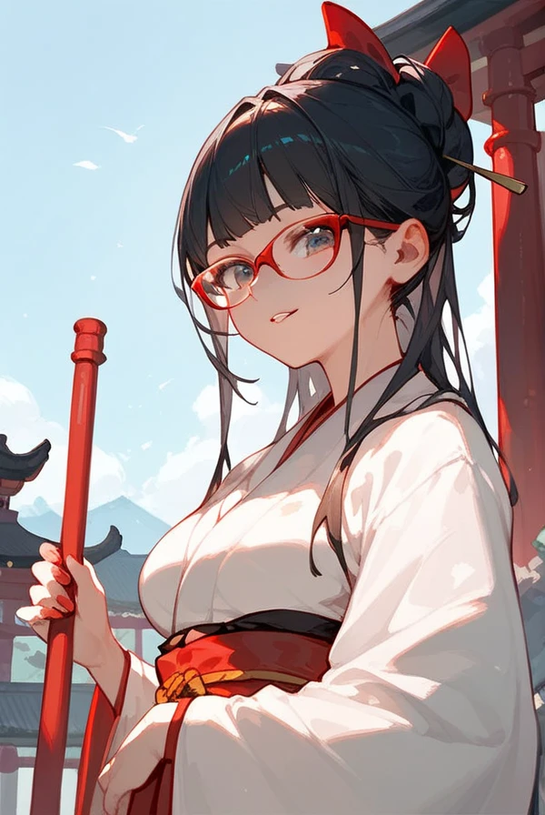 Black hair, long hair, glasses, red kimono, Japanese shrine, shrine visit