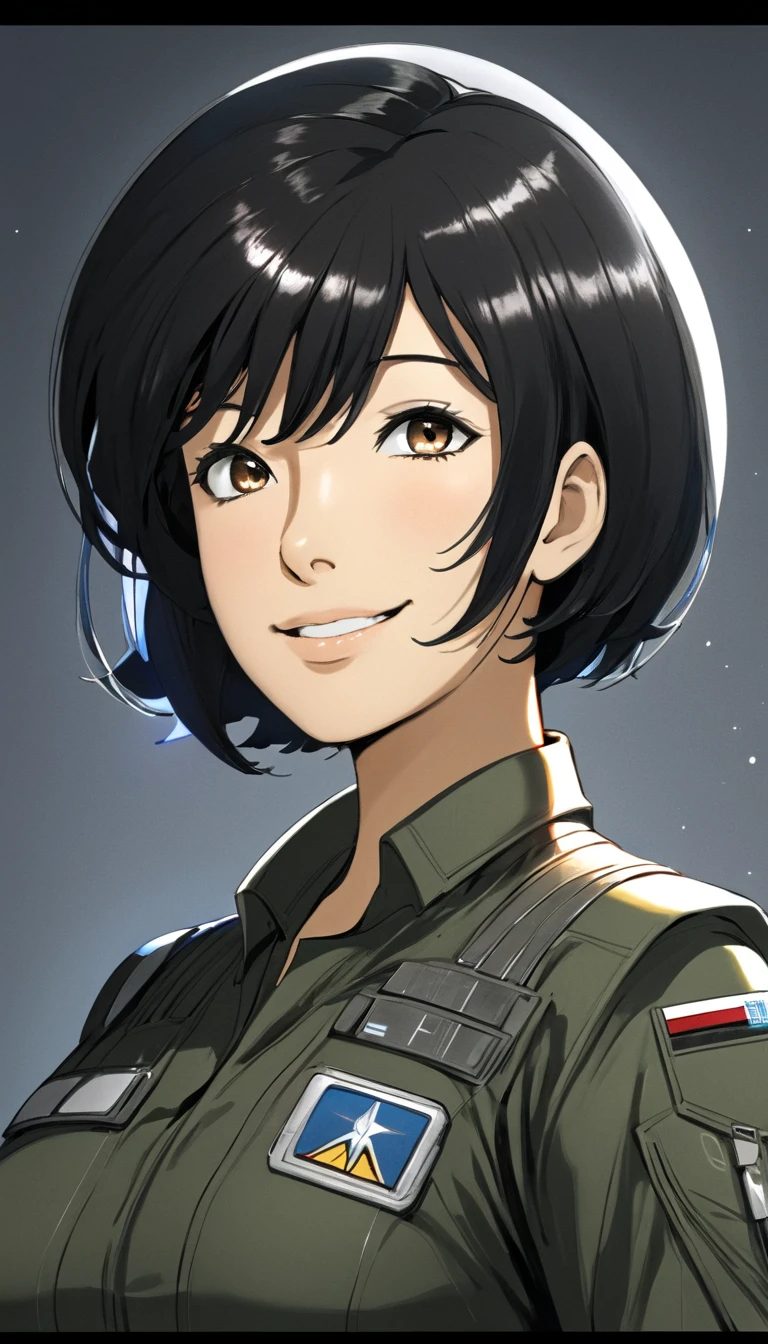 one woman, black hair, short hair, mature woman, unsc military uniform, looking at viewer, shiny, science fiction, black background, seductive science fiction smile, head tilt, arm behind head, short hair, cortena