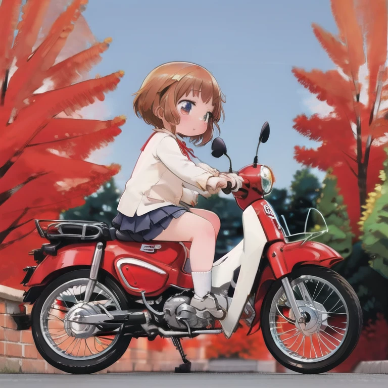 (masterpiece,  High Quality , 最 High Quality :1.2)，16k、reality，Alone，cute young girl ， he sits with legs open 。Green remodeled old Honda Super Cub， down straight muffler ，Junior high school girl，uniform，feet，ステップにfeet， sneakers:1.3，Fluttering skirt，Kawabe at dusk in autumn， fall leaves for vaginal discharge，whirlwind，Panchi et al.....， watercolor style ， stand removal :1.3，From the back，