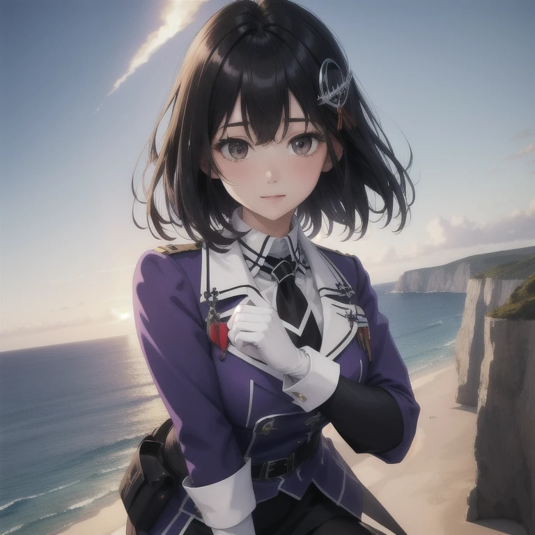 ((masterpiece)),( best quality), Official Art, highly detailed CG ,  Unity 8K Wallpaper,  super detailed ,Lighthouse on the cliff、It is close to the sea, 1 girl ,Alone, upper body,( Portrait:1.2),white_ pantyhose ,black_tie,hair_ ornament with yam,short_hair,black_hair,military_uniform,black_eye,white_Gloves, purple jacket,pencil_ skirt,black_ skirt,brown_eye,elbow_Gloves,supernova