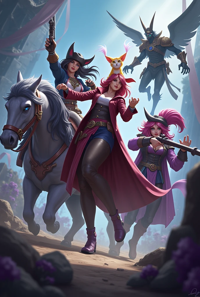 Gerar uma imagem de personagens de league of legends: yuumi, catlyn, miss fortune e swain