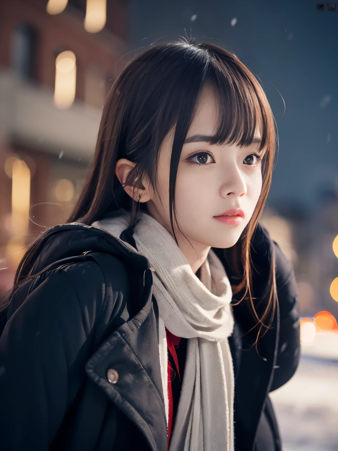 (Close-up face shot of one slender small breasts dark silver long hair with swept bangs girl in a winter long coat and  scarf:1.5)、(One girl is looking back with crying face:1.5)、(Very beautiful Christmas illumination night:1.5)、(Heavy snowing night:1.5)、(blurred background:1.5)、(Natural light:1.5)、(8k ultra detailed master piece:1.5)、(perfect anatomy:1.5)、(Photorealistic stick:1.5)、(Raw photo:1.3)、(highest quality:1.5)、(High resolution:1.3)、(Delicate and beautiful perfect face:1.3)、(Delicate and beautiful eye air skin:1.3)、(Real Human Skin:1.3)、((thin legs))