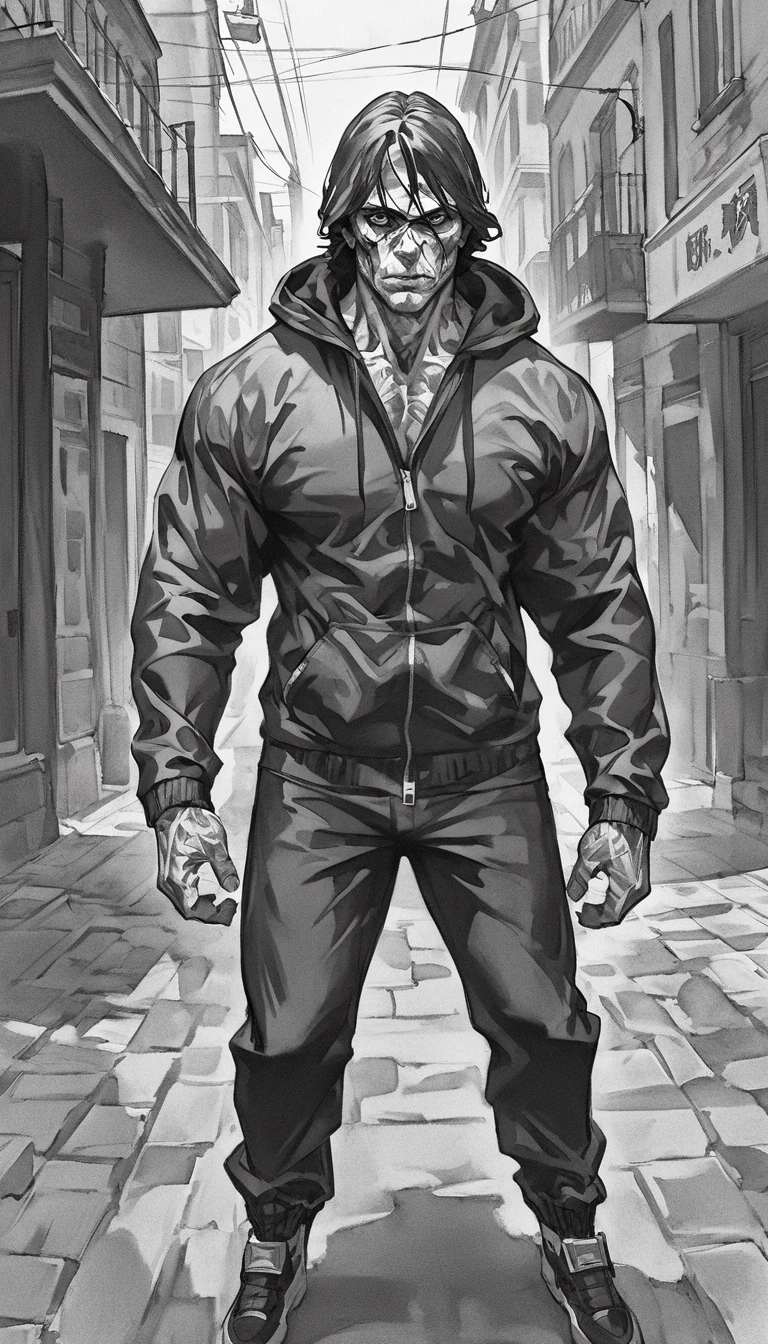  illustration, design,  black and white image,um serial killer ,hood , ,As soon as the face appears ,Hold a knife,On a street , full body , muscular,man,  jeans,  perfect anatomy work of art, defined features, suspense,sketch