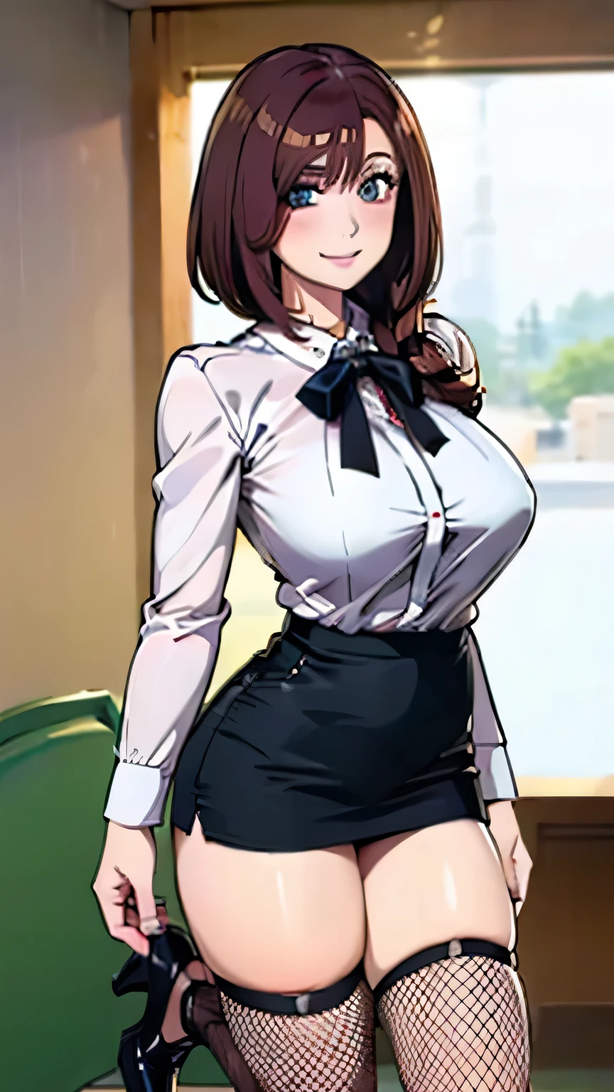 ((table top, highest quality, High resolution, perfect pixel, 4k))), 1 girl, single, alone, Beautiful woman、I could see the whole body、 ((wavy middle hair, bangs, brown hair)), ((brown eyes, beautiful eyelashes, realistic eyes)), ((detailed face, blush:1.2)), ((smooth texture:0.75, realistic texture:0.65, realistic:1.1, Anime CG style)), big breasts, dynamic angle, perfect body, ((sheer white shirt, transparent nipples, sheer black miniskirt)), city stairs、Angle looking up from the bottom of the stairs、Very embarrassing panic smile, Are standing、huge breasts、legs open、(stand on one leg:1.3), (The wind blew my skirt up and exposed my crotch..、touch courage with both hands、thong panties)