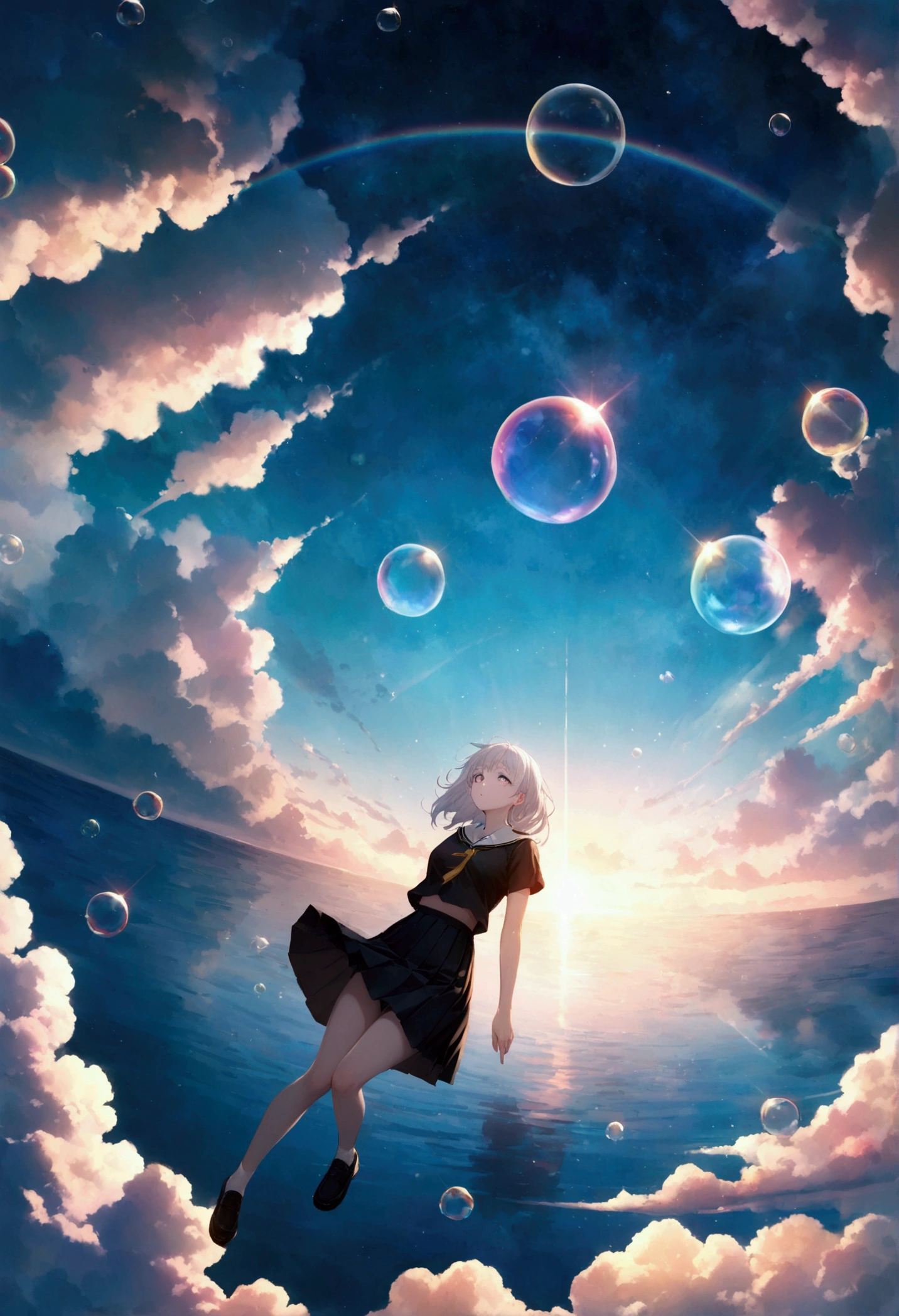 (masterpiece:1.2), (pale_skin:1.2), (alone:1.2), (woman)、(woman\(student, 20-year-old, ＪＫ, Short silver hair floating, Space-colored eyes, school black uniform, paleskin) Looking up at the sky), (A large glass-colored whale swims in the air), Beautiful sky, Beautiful Clouds, Colorful summer flowers are blooming everywhere., (Transparent bubbles shine like prisms here and there in the sky), There is a noon moon and a noon star in the sky, In a crowded downtown, break ,quality\(8k,Highly detailed CG unit wallpaper, masterpiece,High resolution,top-quality,top-quality real texture skin,Surreal,Increase the resolution,RAW Photos,highest quality,Very detailed,wallpaper,Cinema Lighting,Ray-tracing,Golden Ratio\),(Long Shot),Wide Shot,