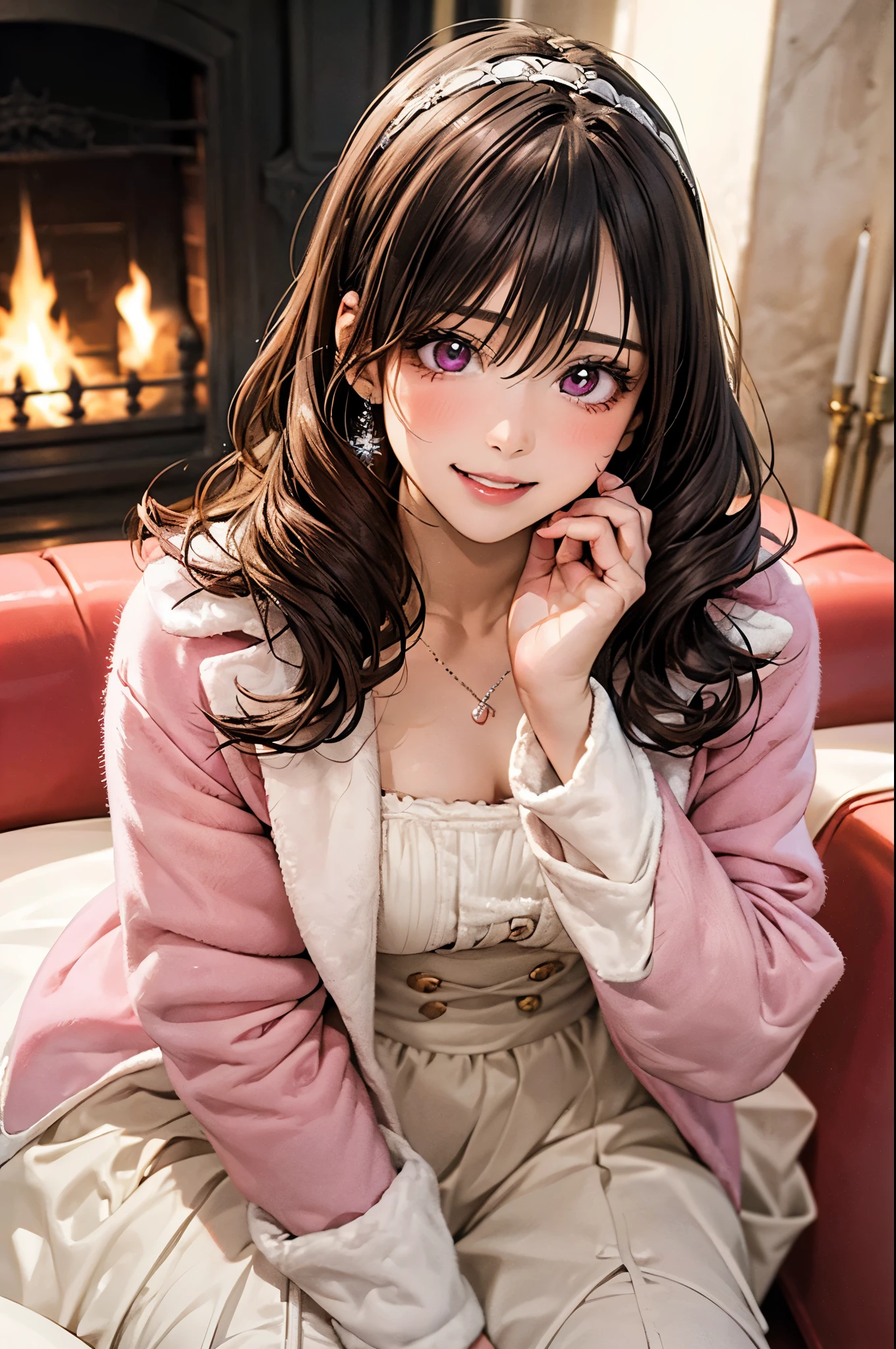 (masterpiece:1.3, top-quality, ultra high res, ultra detailed), (realistic, photorealistic:1.3), beautiful illustration, perfect lighting, natural lighting, depth of fields, 2024s, 
beautiful detailed hair, beautiful detailed face, beautiful detailed eyes, beautiful clavicle, beautiful body, beautiful chest, beautiful thigh, beautiful legs, beautiful fingers, shiny skin, 
looking at viewer, (face focus, upper body), 1 girl, high school girl, AhimGokai, (perfect anatomy, anatomically correct, super detailed skin), cute and symmetrical face, perfect face, perfect eyes, tiny, face, 
(long hair, drill hair, brown hair), hair between eyes, bangs, purple eyes, drooping eyes, big eyes, long eyelashes, (medium breasts, seductive thighs), slender, outstanding style, 
(detailed cloth texture), (long sleeves, ring, knee boots, white dress, pink coat, hairband, necklace, jewelry, boots, dress), 
(beautiful scenery), winter, night, (christmas theme, breathtakingly beautiful, luxurious and ultra-precise room, fireplace, christmas tree, present box:1.3), sitting sofa, (pretty pose, happy, congratulations, celebration), (lovely smile, upper eyes, parted lips),