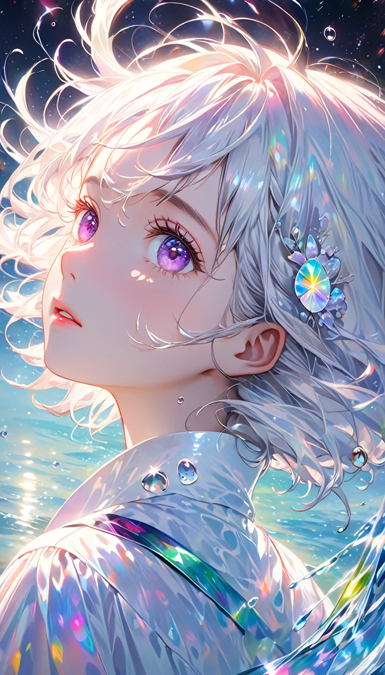   A girl with short white hair is swimming in the starry sky ,  ultra high resolution rendering style  ,Shine,  purple  ,green,Brush,Realistic oil painting,Shine瞳,    head close-up    ,    Exaggerated Perspective        ,    Tyndall effect,    Water Drop  ,Pearl shell iridescence,    Holographic White    ,    black background，Komori Meto