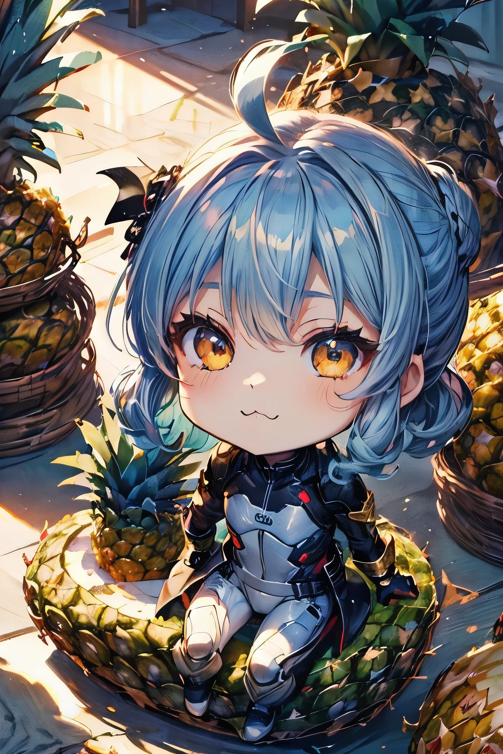 ( masterpieces、 fresh pineapple:1.3)、(Anime Moe、Chibi Body、 light blue hair color , Short chignon hair、 curly hair、defenseless、 A Clear Face in the Shadows、Golden Eyes、:3, Ahoge:1.2)、(Chibi Hero、Execute justice 、 hero suit:1.4)、(Gothic architecture:1.2)