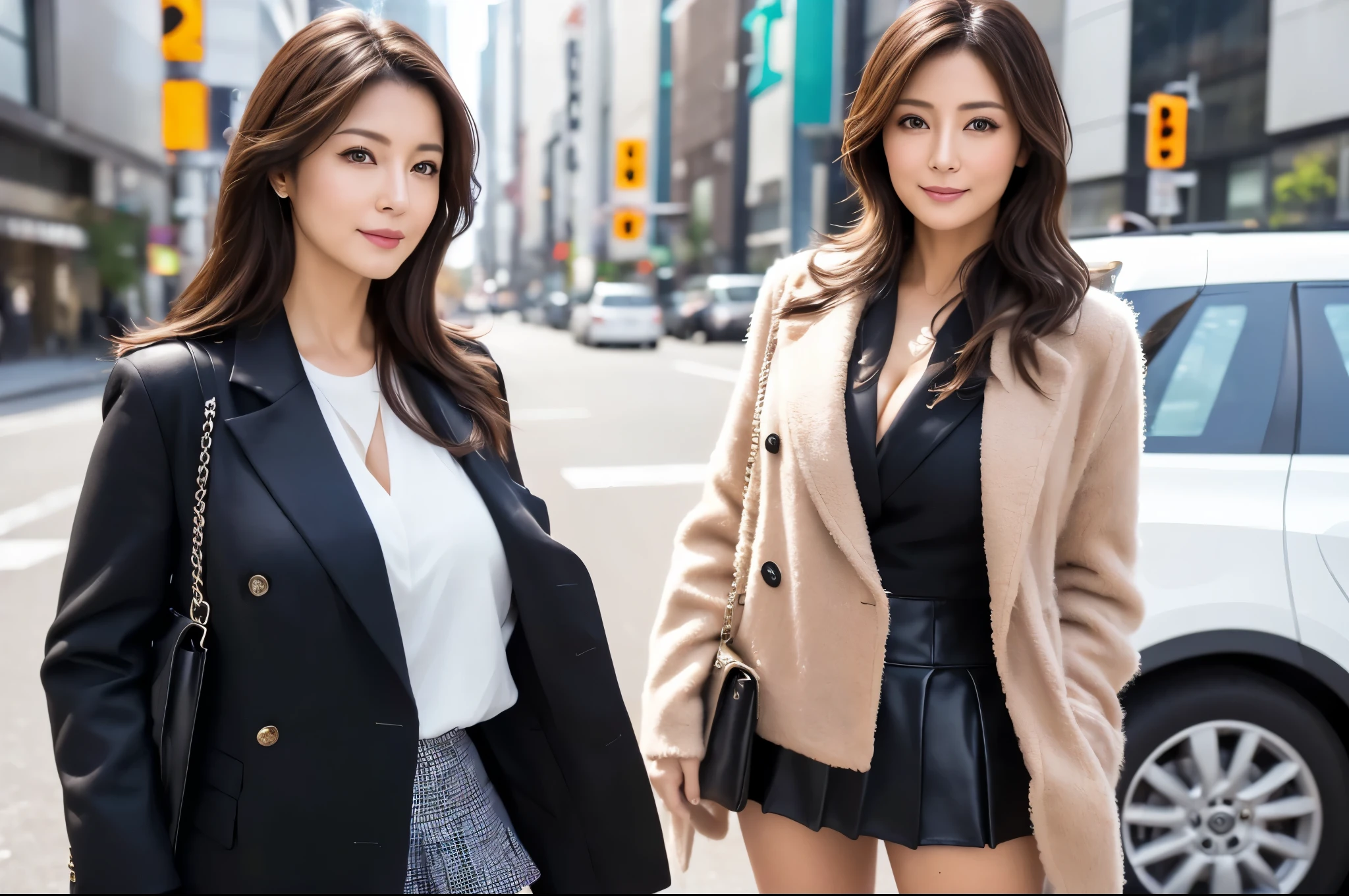 Absurd, RAW Photos, Very delicate and beautiful, masterpiece, Highest quality, Ultra-high resolution, 16K, Surreal, Very detailed, Very detailed CG 8k 壁紙, Beautiful lighting, Perfect Lightning, Realistic Shadows, Perfect Anatomy, Very detailed肌, Perfect figure, Japanese women, Late 20s, Very slim figure, Tight waist, very small head, Handsome detailed woman, Very detailed目と顔, Realistic Face Proportions, Eye on the details, Realistic beautiful face, Very small face, Realistic small beautiful eyes, double eyelid, Compensate, Tearful mole, Mole on chest, Earrings, barefoot, beautiful and very thin legs, Beautiful and very slim thighs, (Very big round breasts:1.3), short hair, Wavy Hair, Sweat, Full Body Shot, (Three Girls:1.5), (Office Lady Suits:1.3), (Skirt Suit), (Leather suit jacket), (blouse),