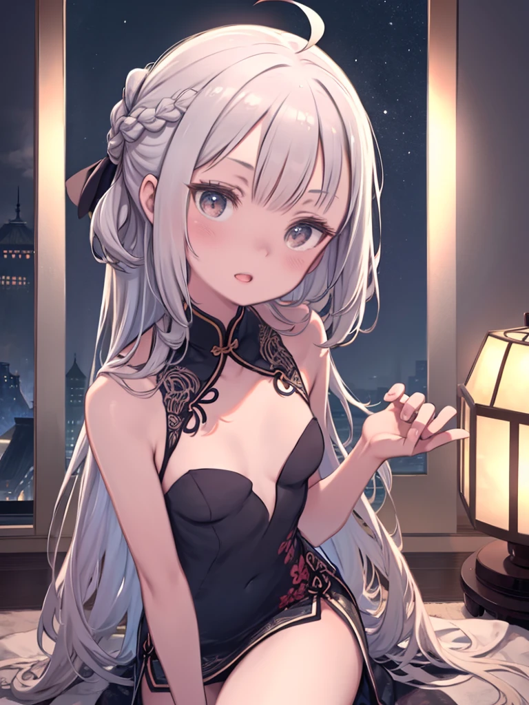 Black Onyx、、teens girl、bare-legged、Silver Hair Short Ponytail、Gold Cat's Eye、Fantasia、gothic dress、Black Diamond、peridot、Ametrine、Golden Sapphire、Shoulder out、From below, Show your feet to your audience, (Thigh focus), (Presentation of the legs), From below, ((hand on own thigh)),1girl in, Solo, Colossal tits, Side hair ribbon, Sleeveless, crossed legs, Smile, Sitting、sole of feet
