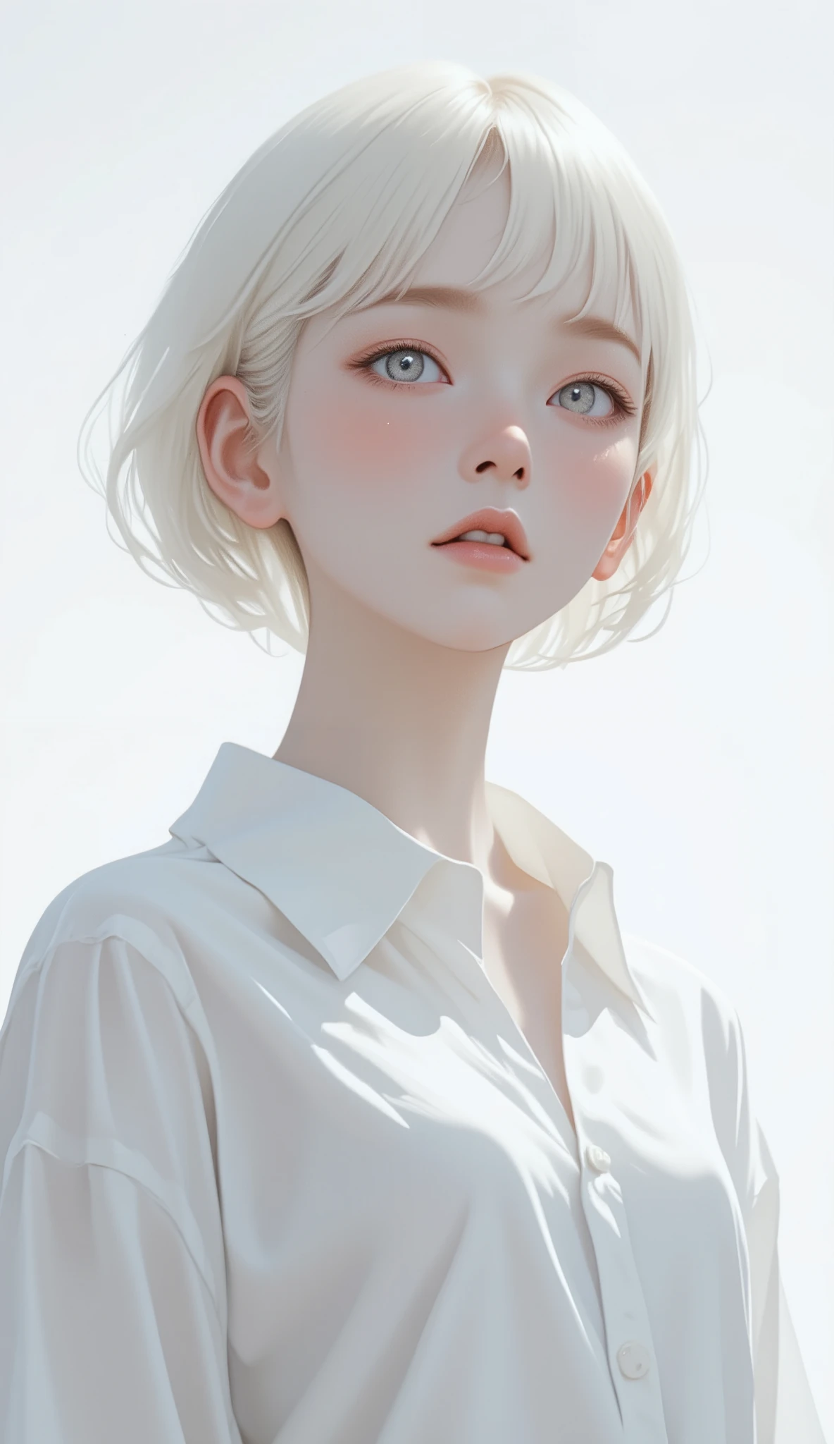 (((White background:1.3)))、((( 1 Albino Girl 、 cute face、 cute girl))), ************,((( White eyes :1.3)))、 white dress、(( white shirt:1.3、 White Block Dress)),  Tyndall effect, Realistic, Shadow Studio,Ultramarine、illumination, Dual tone illumination, ( Skin with attention to detail: 1.2)、薄Dark illumination、Dark illumination、   photos that are definitely not SFW,  high definition , 4K, 8k,  Background Blurred , beautiful fade out、White World、White background